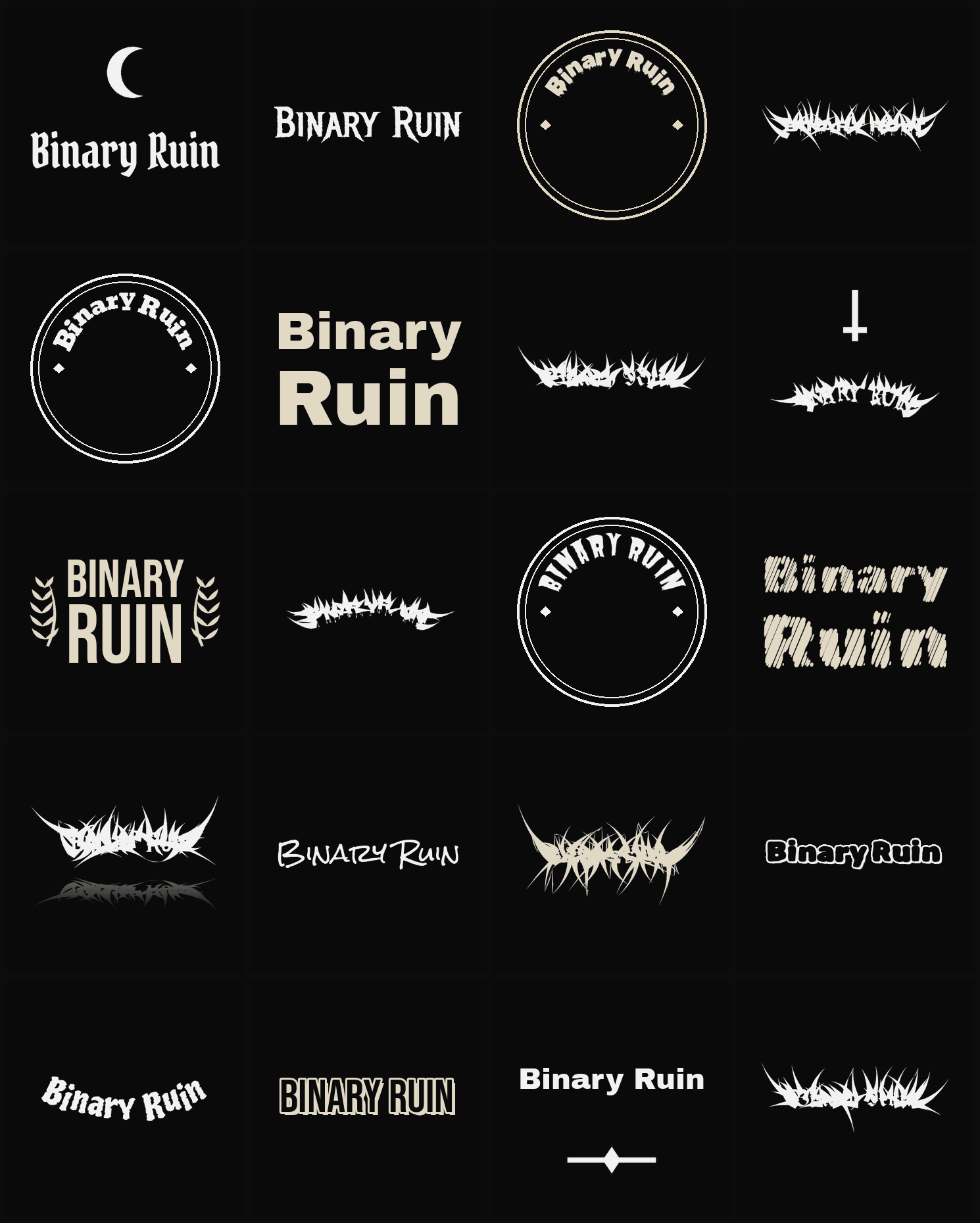 Twenty Binary Ruin band logo ideas — different faces, treatments and spike settings