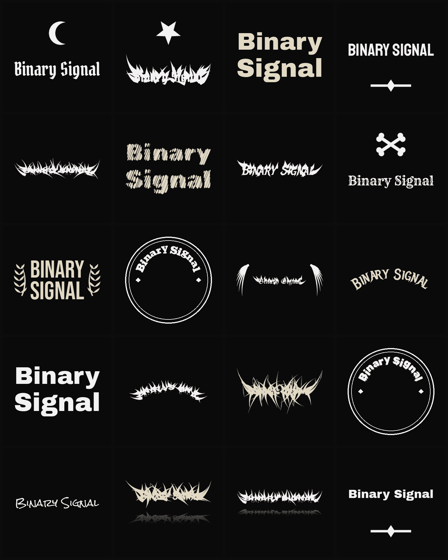 Twenty Binary Signal band logo ideas — different faces, treatments and spike settings