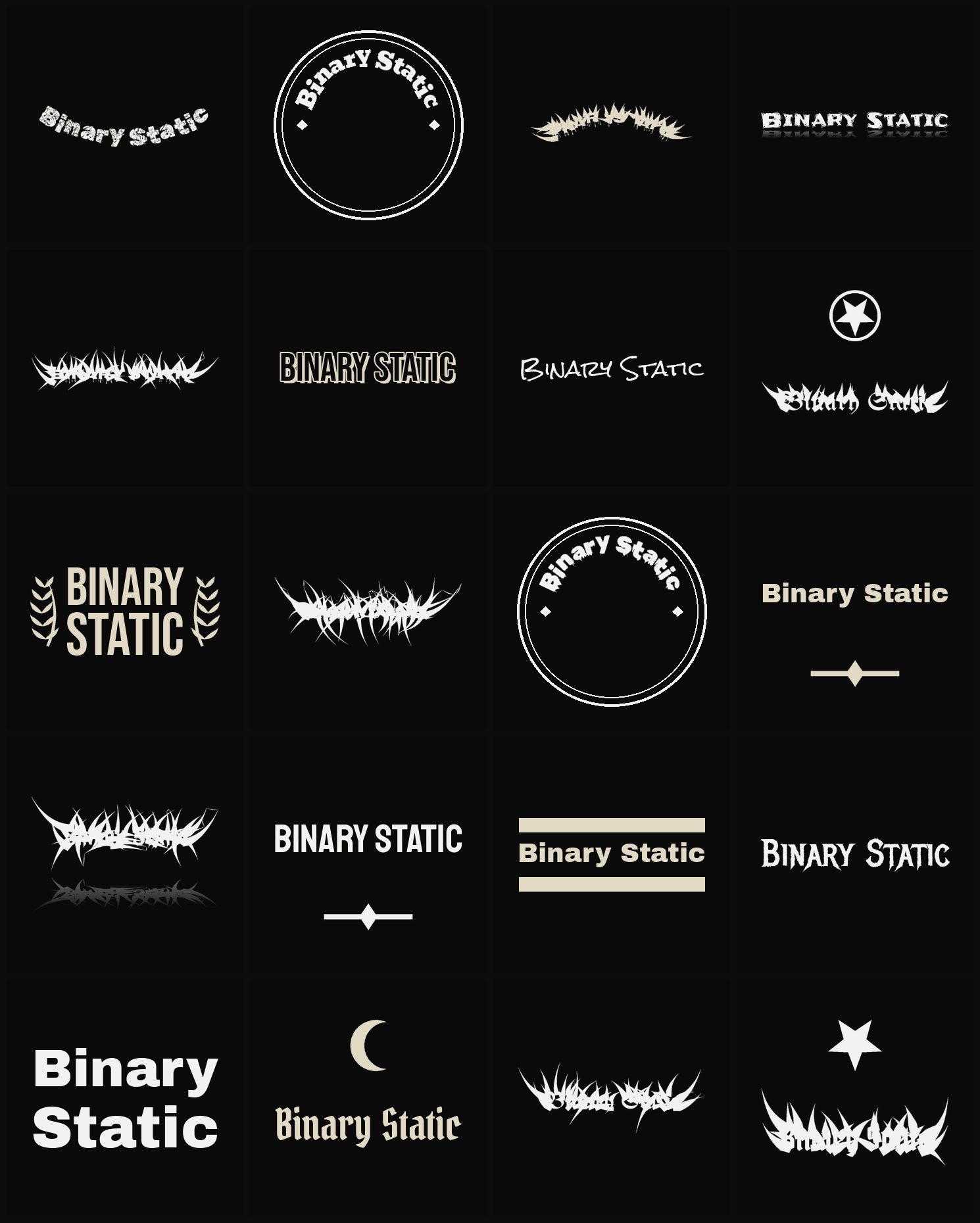 Twenty Binary Static band logo ideas — different faces, treatments and spike settings