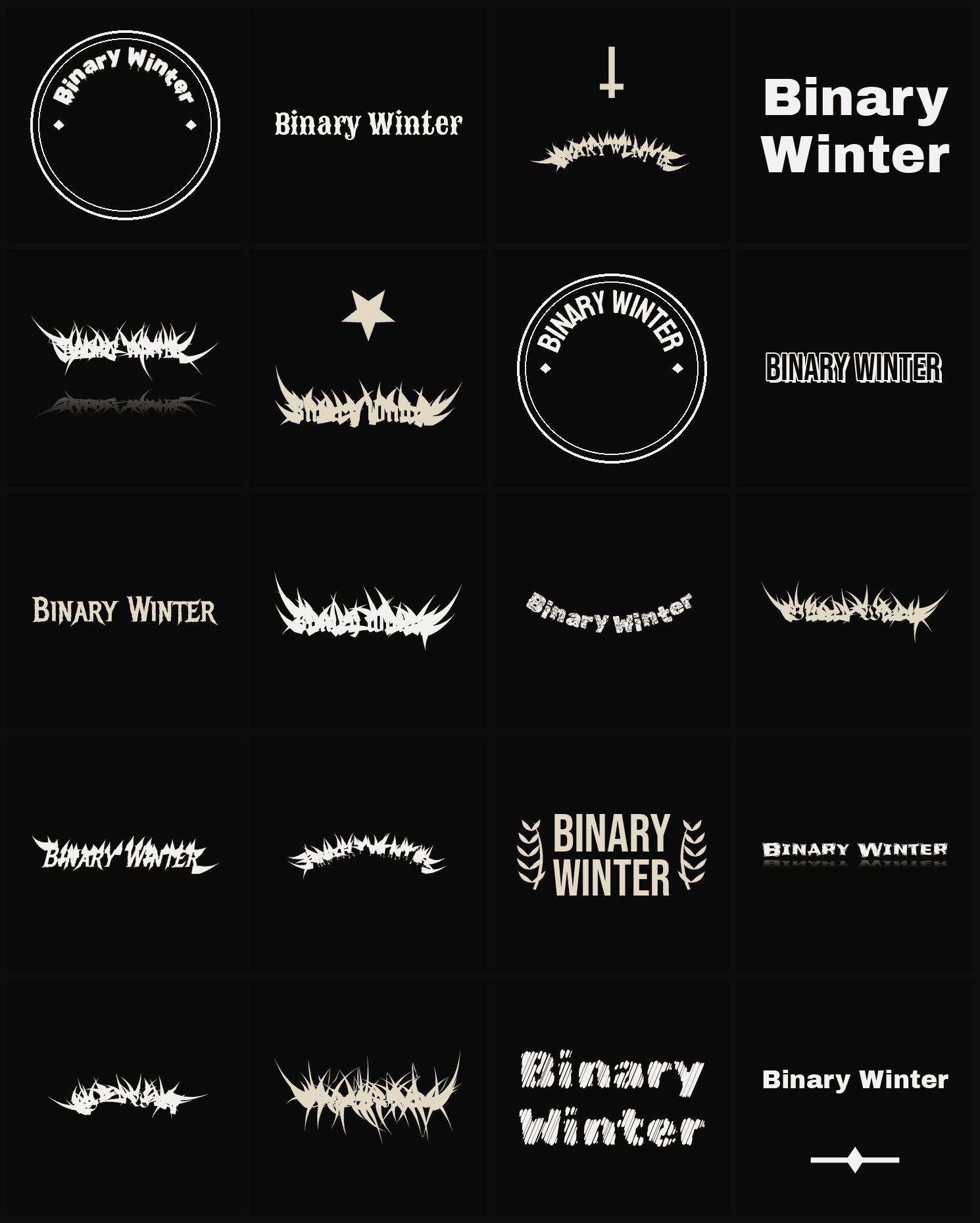 Twenty Binary Winter band logo ideas — different faces, treatments and spike settings