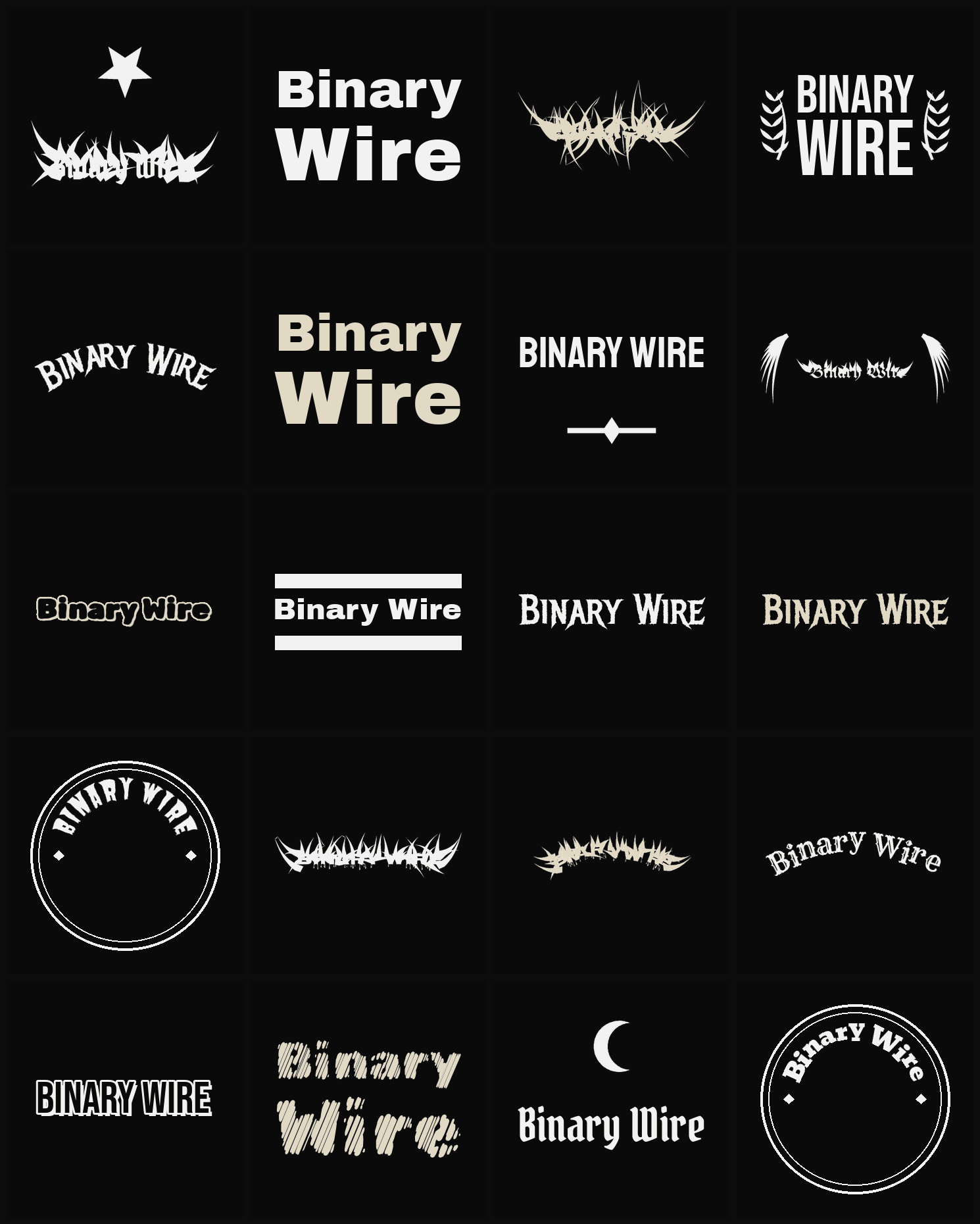 Twenty Binary Wire band logo ideas — different faces, treatments and spike settings