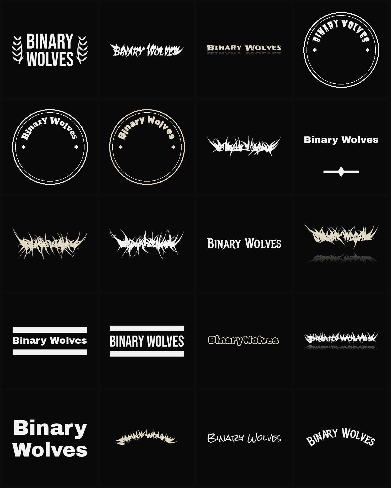 Twenty Binary Wolves band logo ideas — different faces, treatments and spike settings