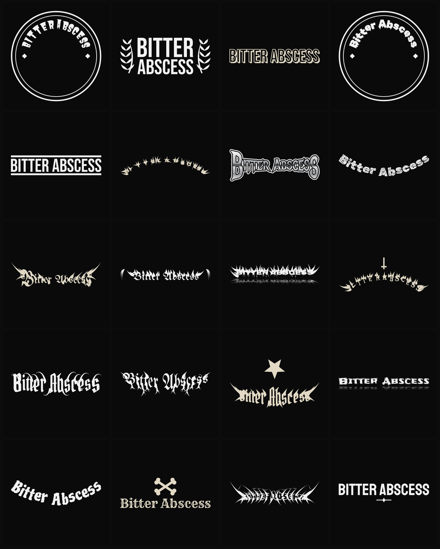 Twenty Bitter Abscess band logo ideas — different faces, treatments and spike settings