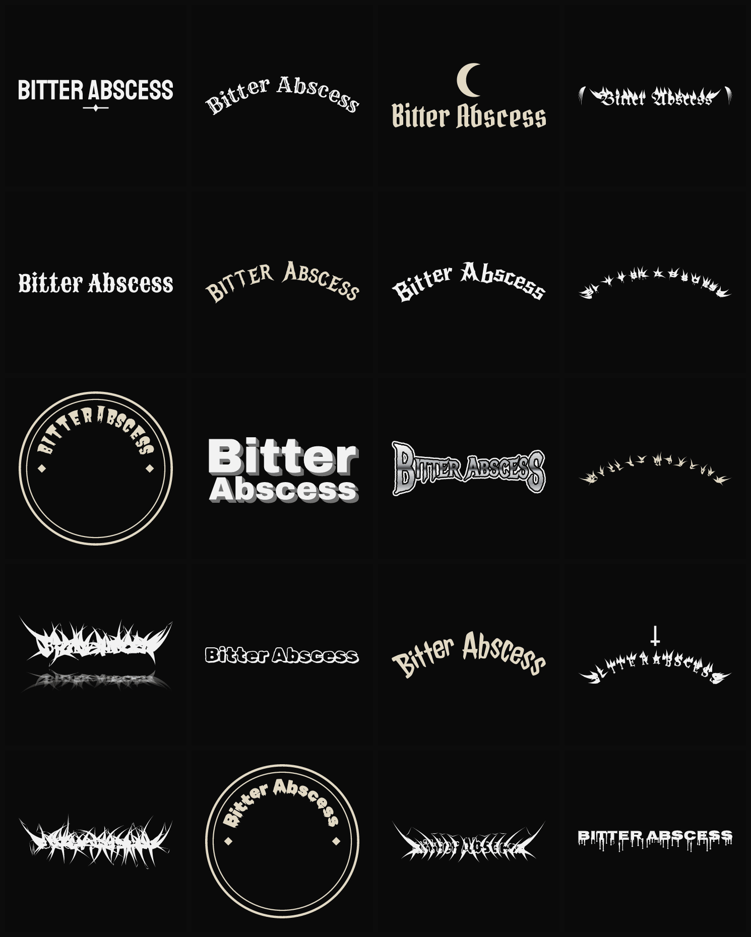 Twenty Bitter Abscess band logo ideas — different faces, treatments and spike settings