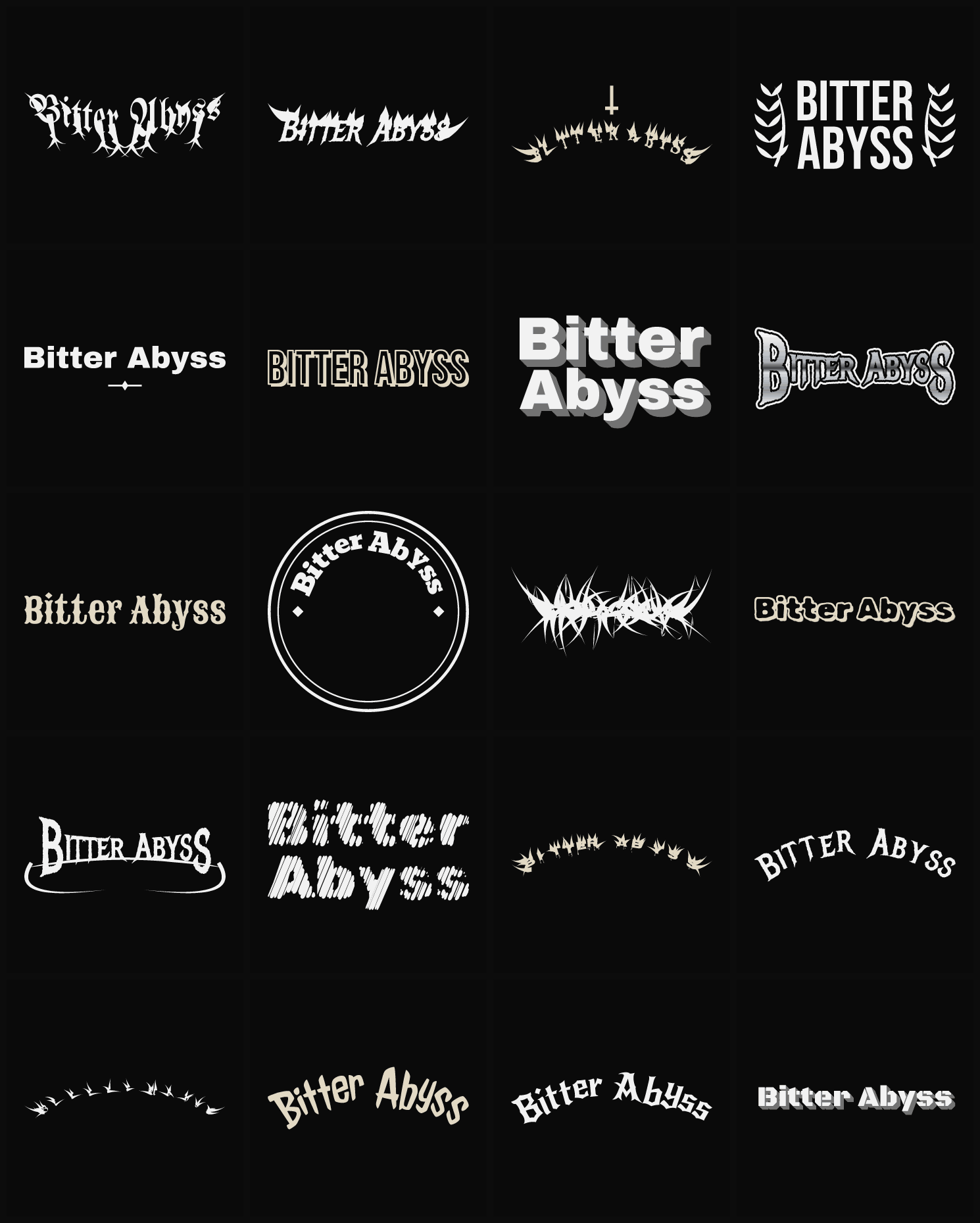 Twenty Bitter Abyss band logo ideas — different faces, treatments and spike settings