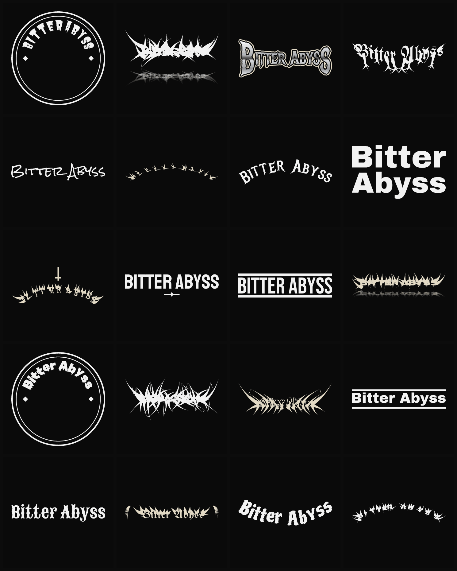 Twenty Bitter Abyss band logo ideas — different faces, treatments and spike settings