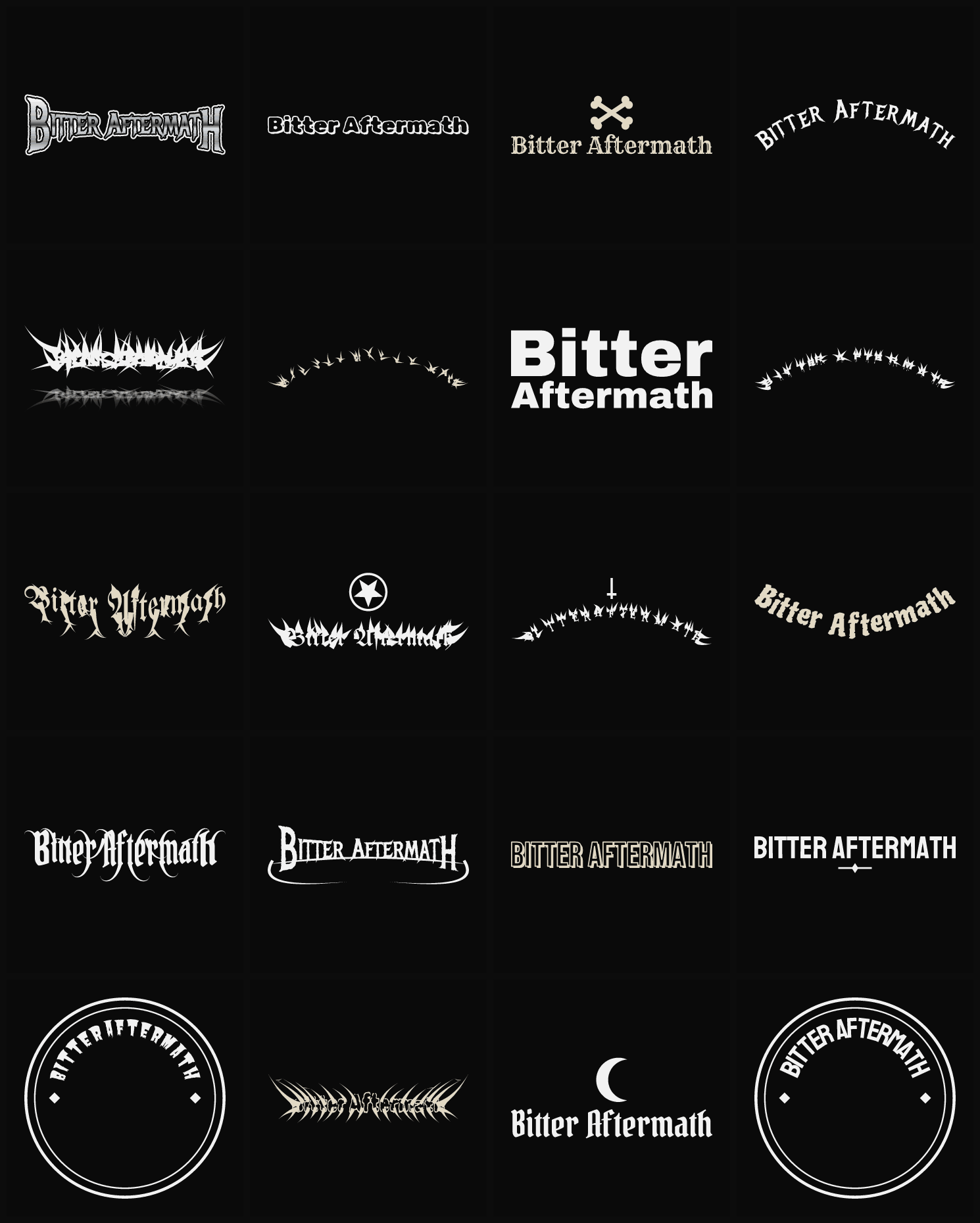 Twenty Bitter Aftermath band logo ideas — different faces, treatments and spike settings