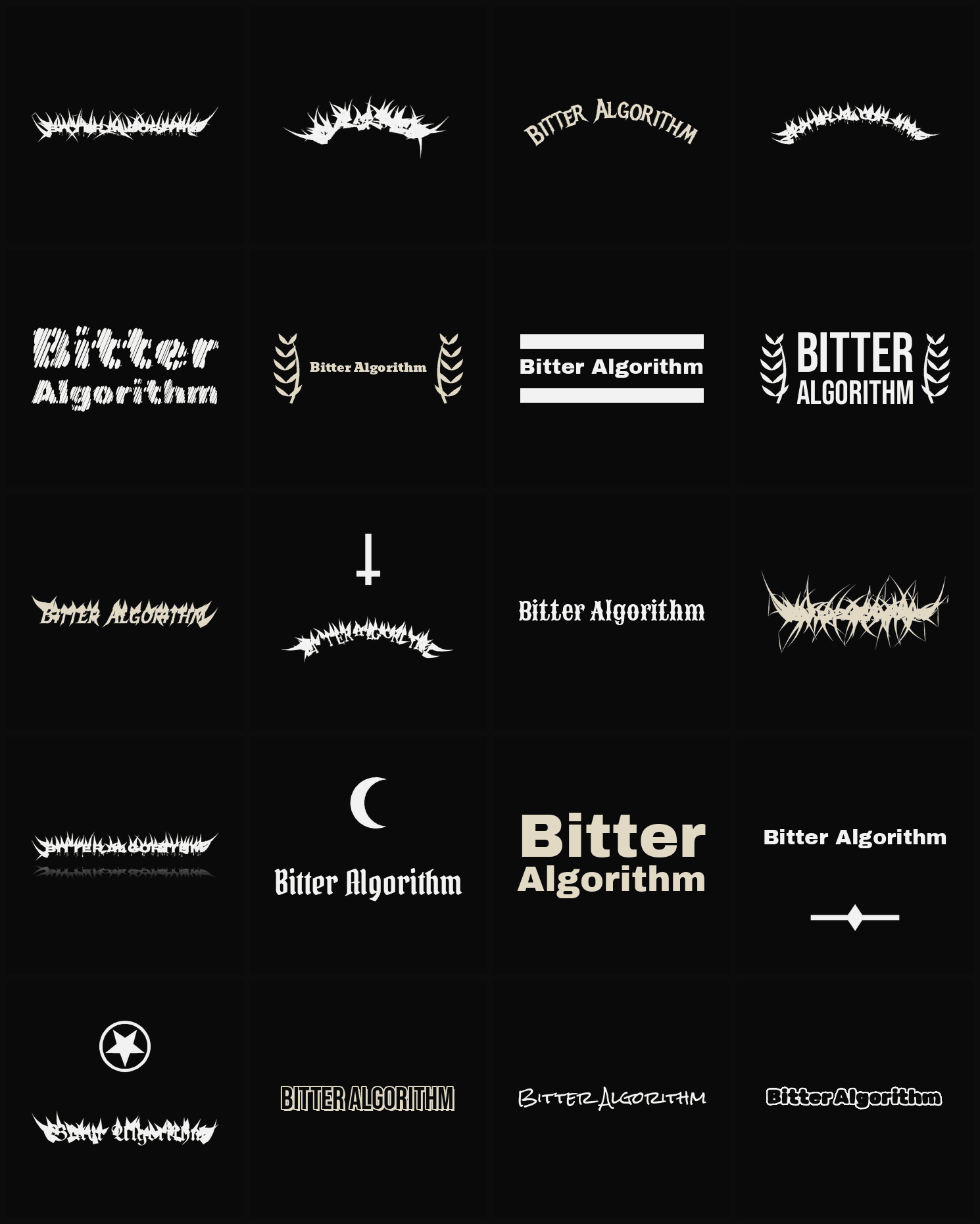 Twenty Bitter Algorithm band logo ideas — different faces, treatments and spike settings