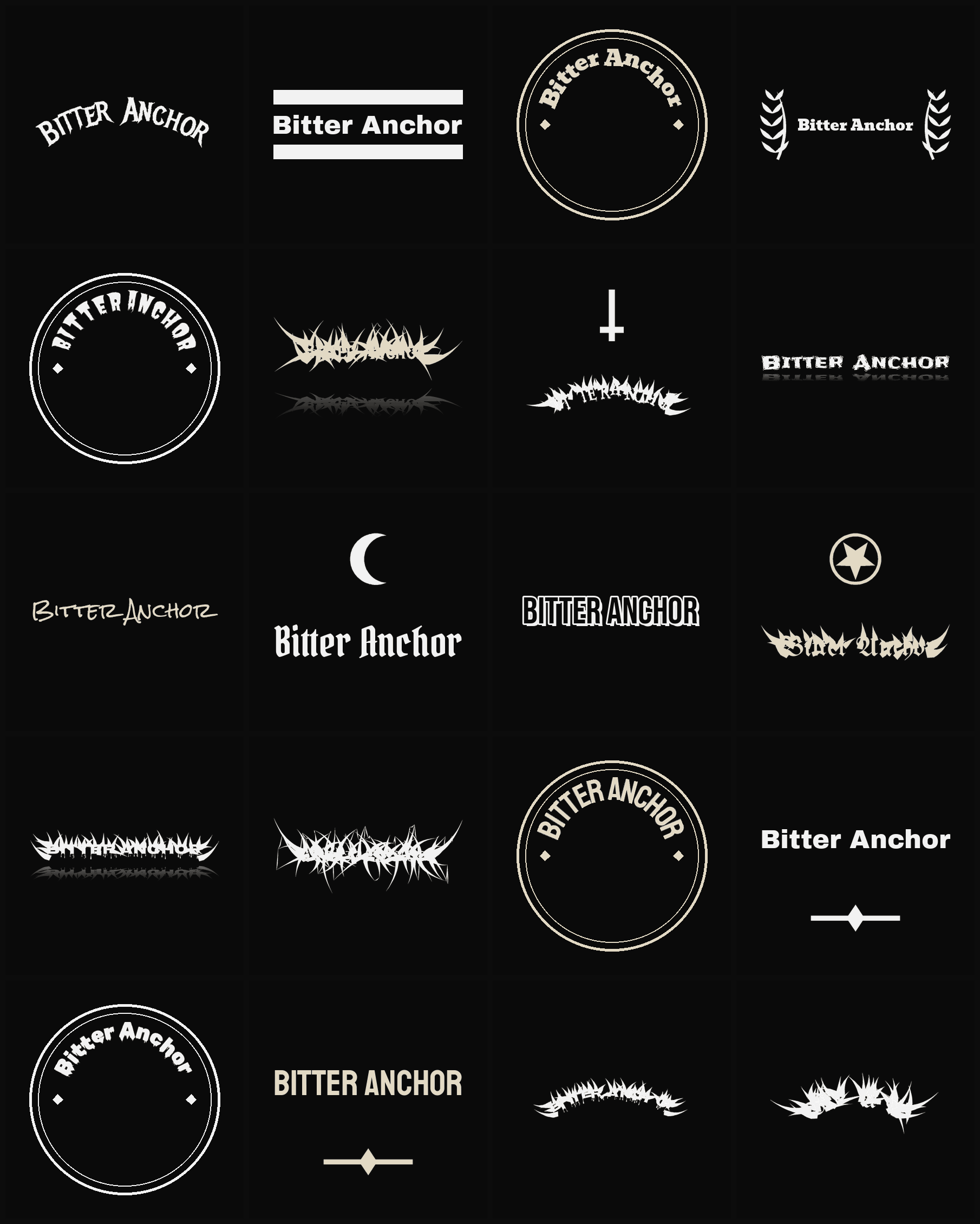 Twenty Bitter Anchor band logo ideas — different faces, treatments and spike settings