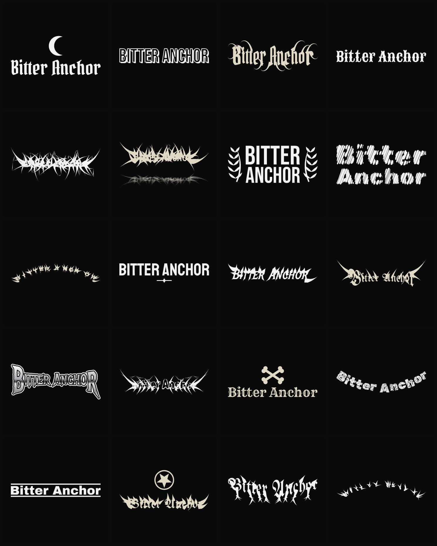 Twenty Bitter Anchor band logo ideas — different faces, treatments and spike settings