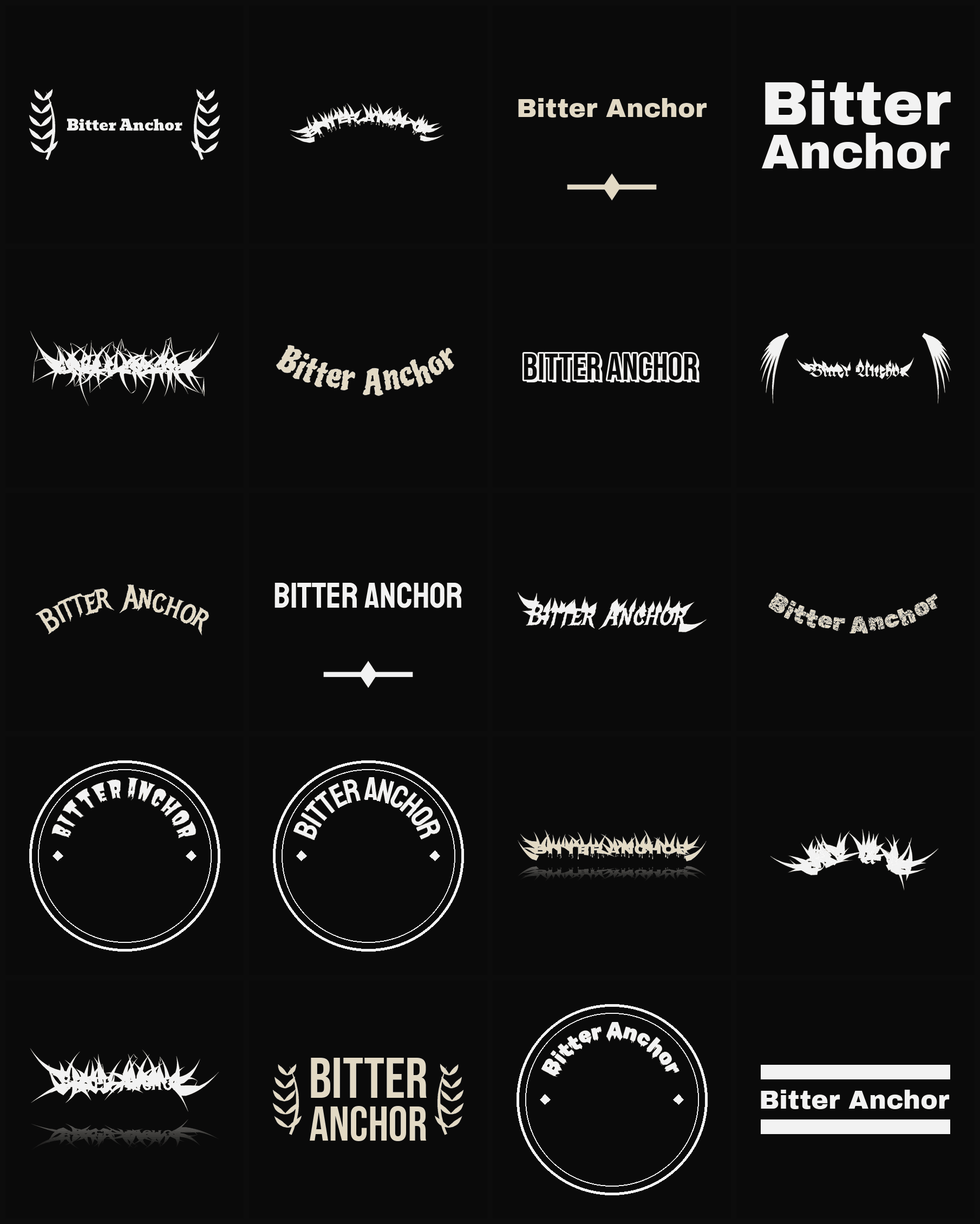 Twenty Bitter Anchor band logo ideas — different faces, treatments and spike settings