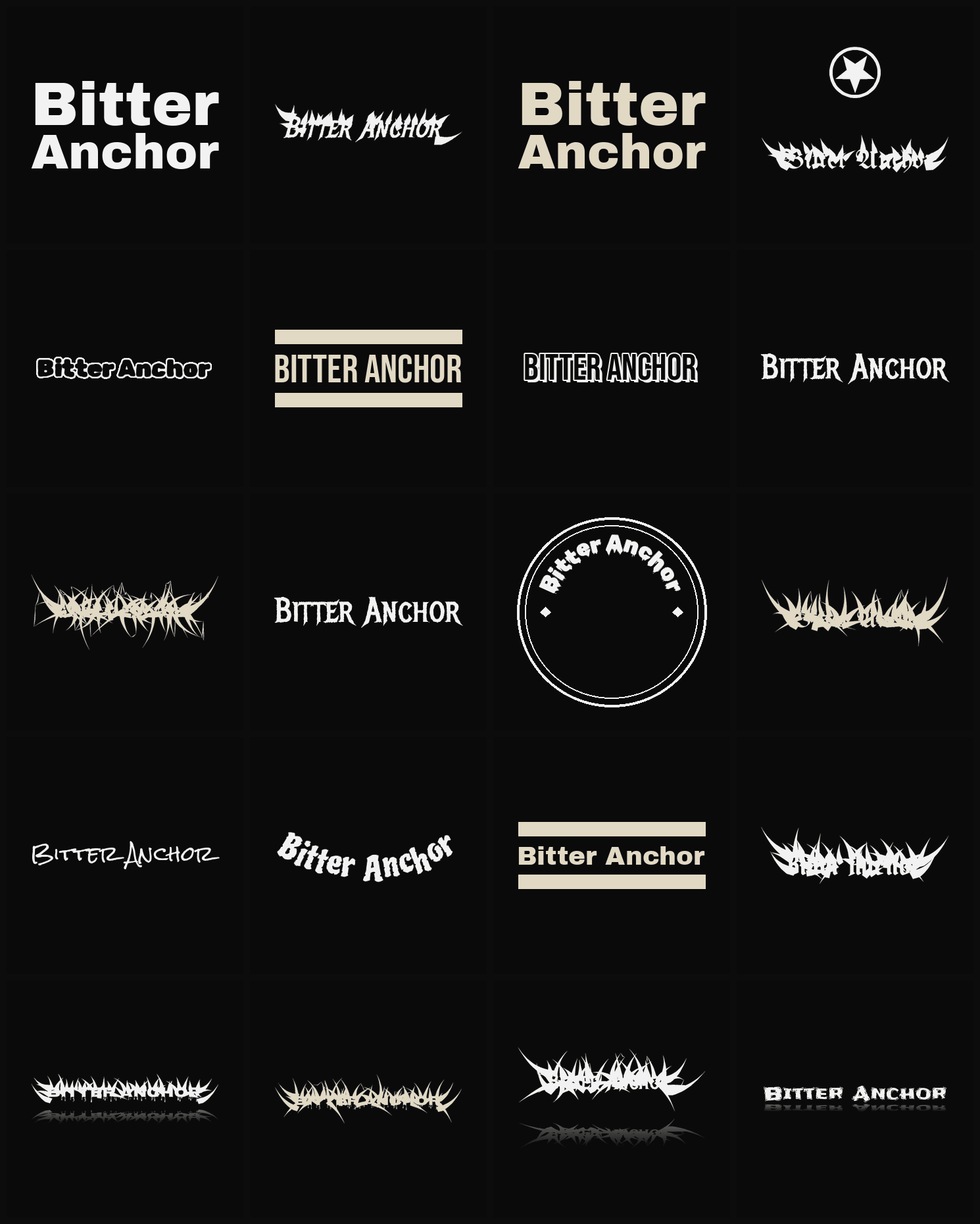 Twenty Bitter Anchor band logo ideas — different faces, treatments and spike settings