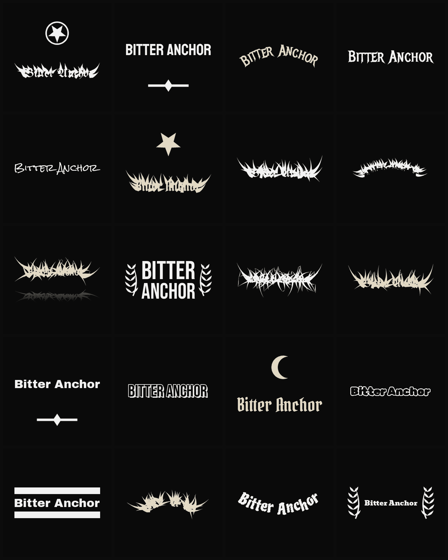 Twenty Bitter Anchor band logo ideas — different faces, treatments and spike settings