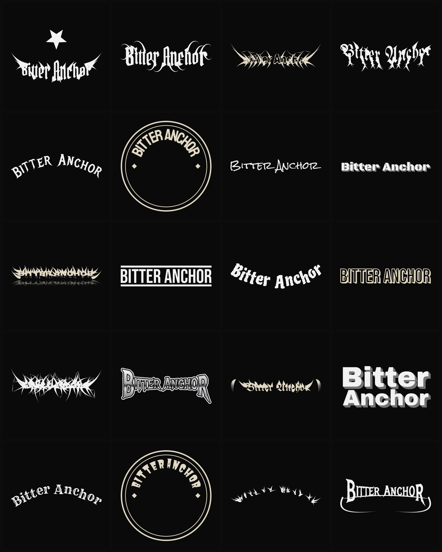 Twenty Bitter Anchor band logo ideas — different faces, treatments and spike settings