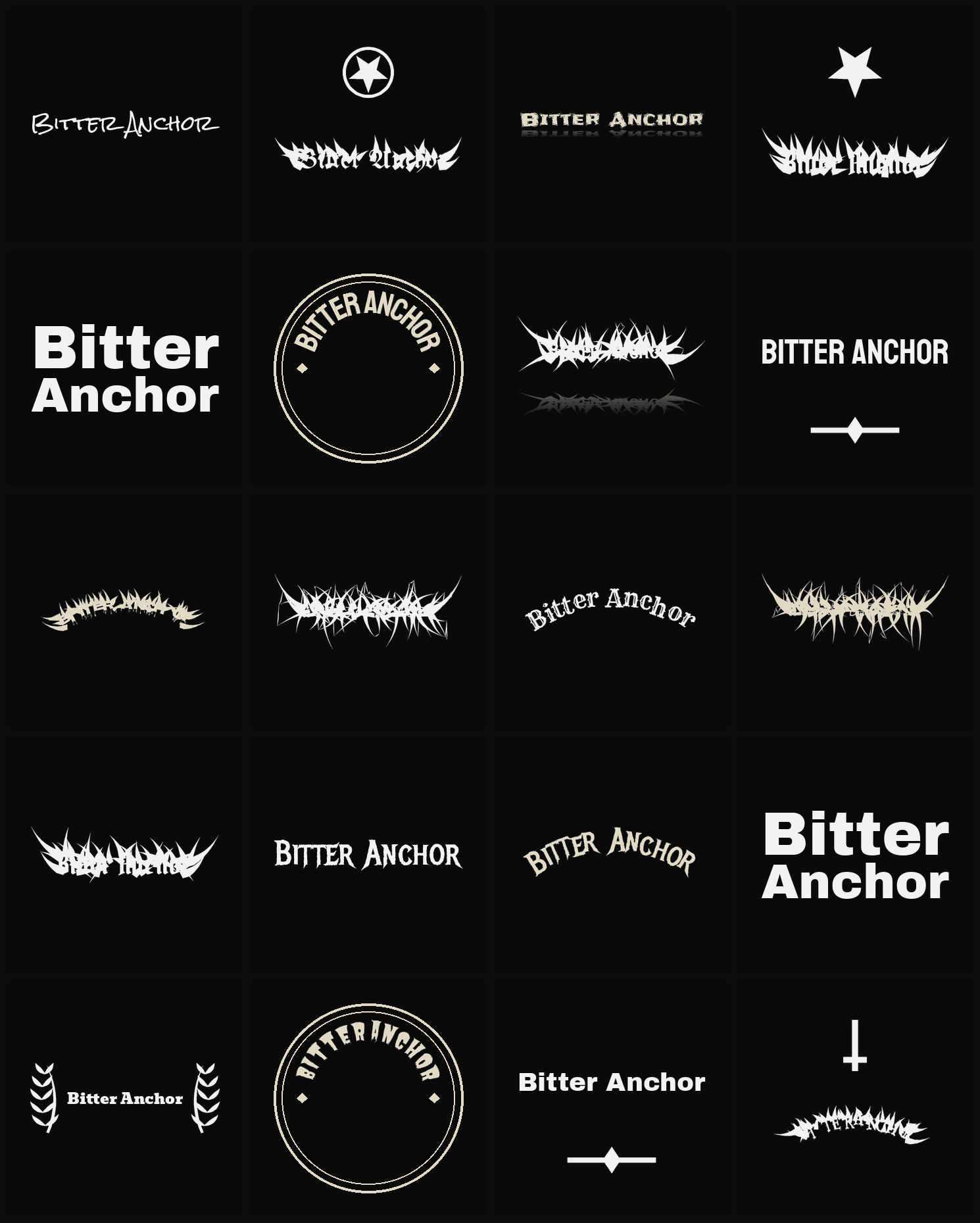 Twenty Bitter Anchor band logo ideas — different faces, treatments and spike settings