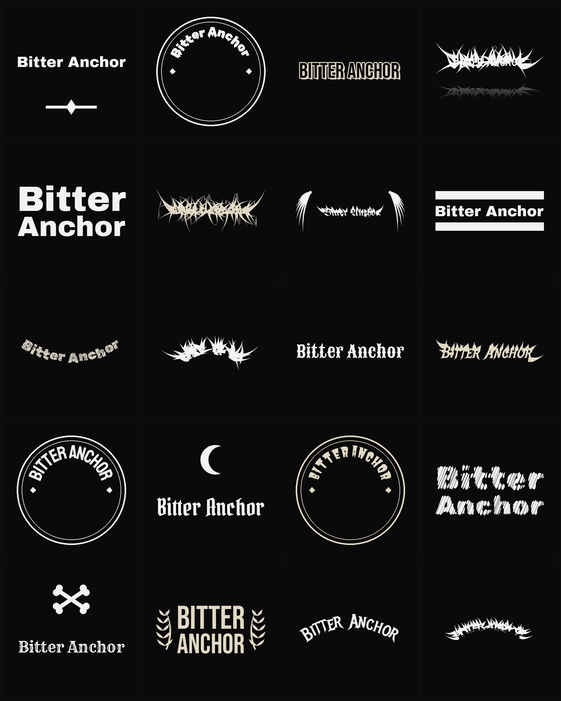 Twenty Bitter Anchor band logo ideas — different faces, treatments and spike settings