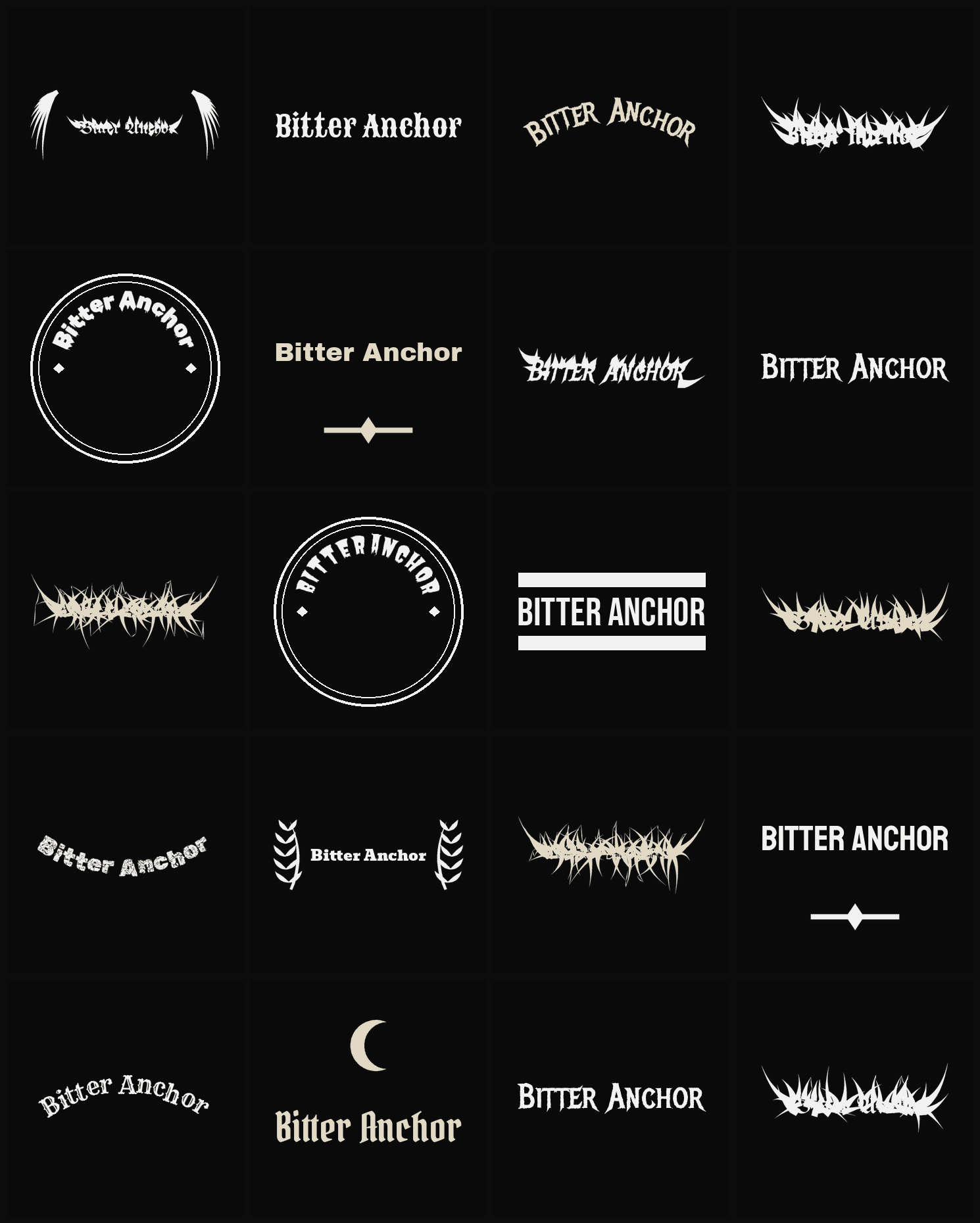 Twenty Bitter Anchor band logo ideas — different faces, treatments and spike settings