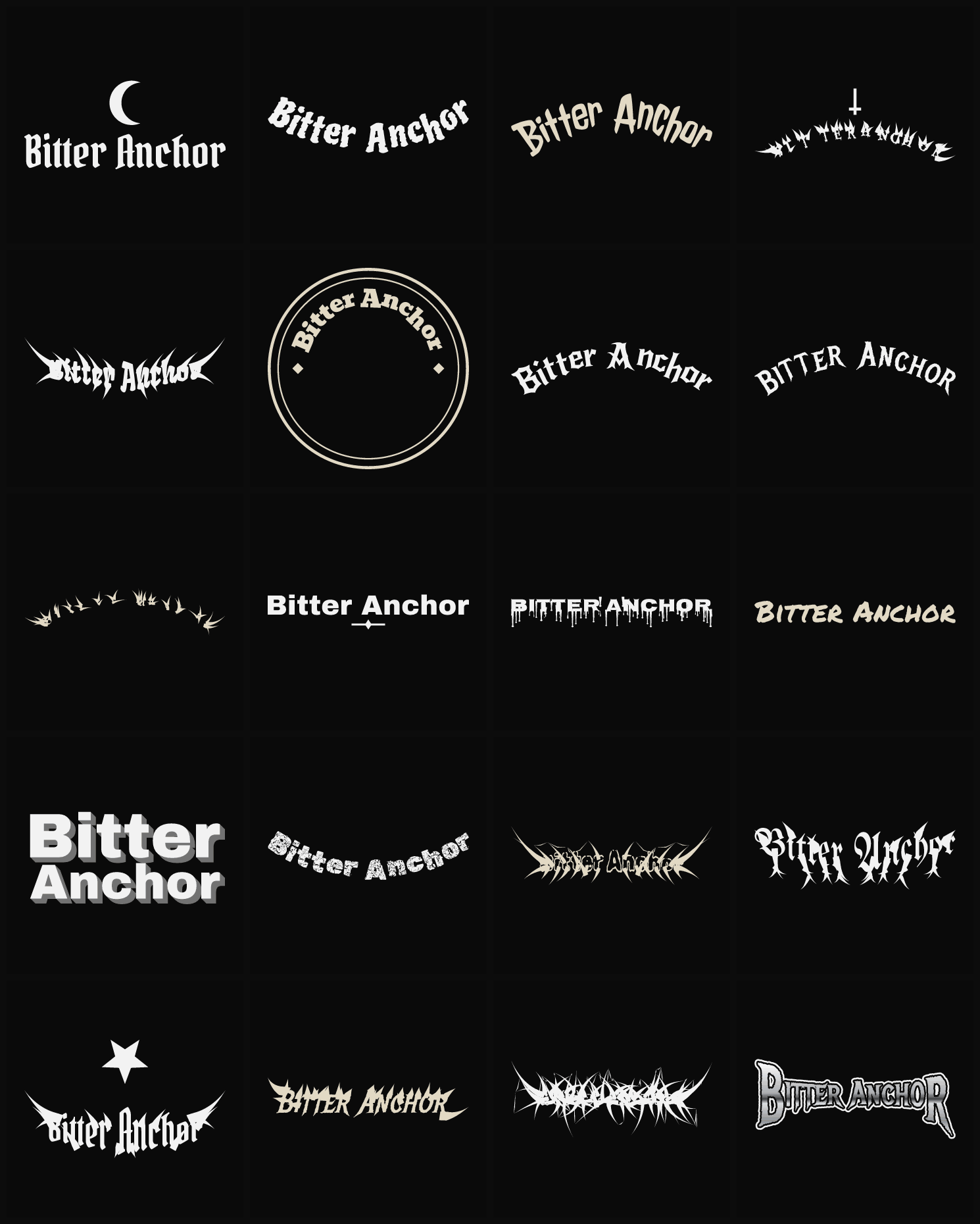Twenty Bitter Anchor band logo ideas — different faces, treatments and spike settings