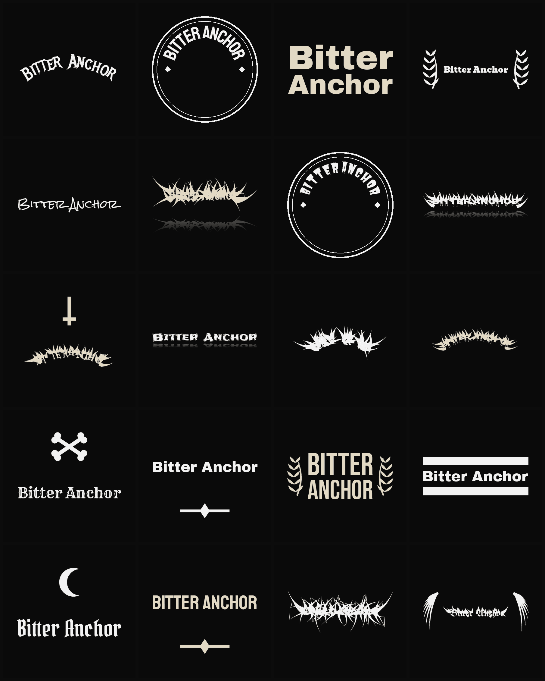Twenty Bitter Anchor band logo ideas — different faces, treatments and spike settings