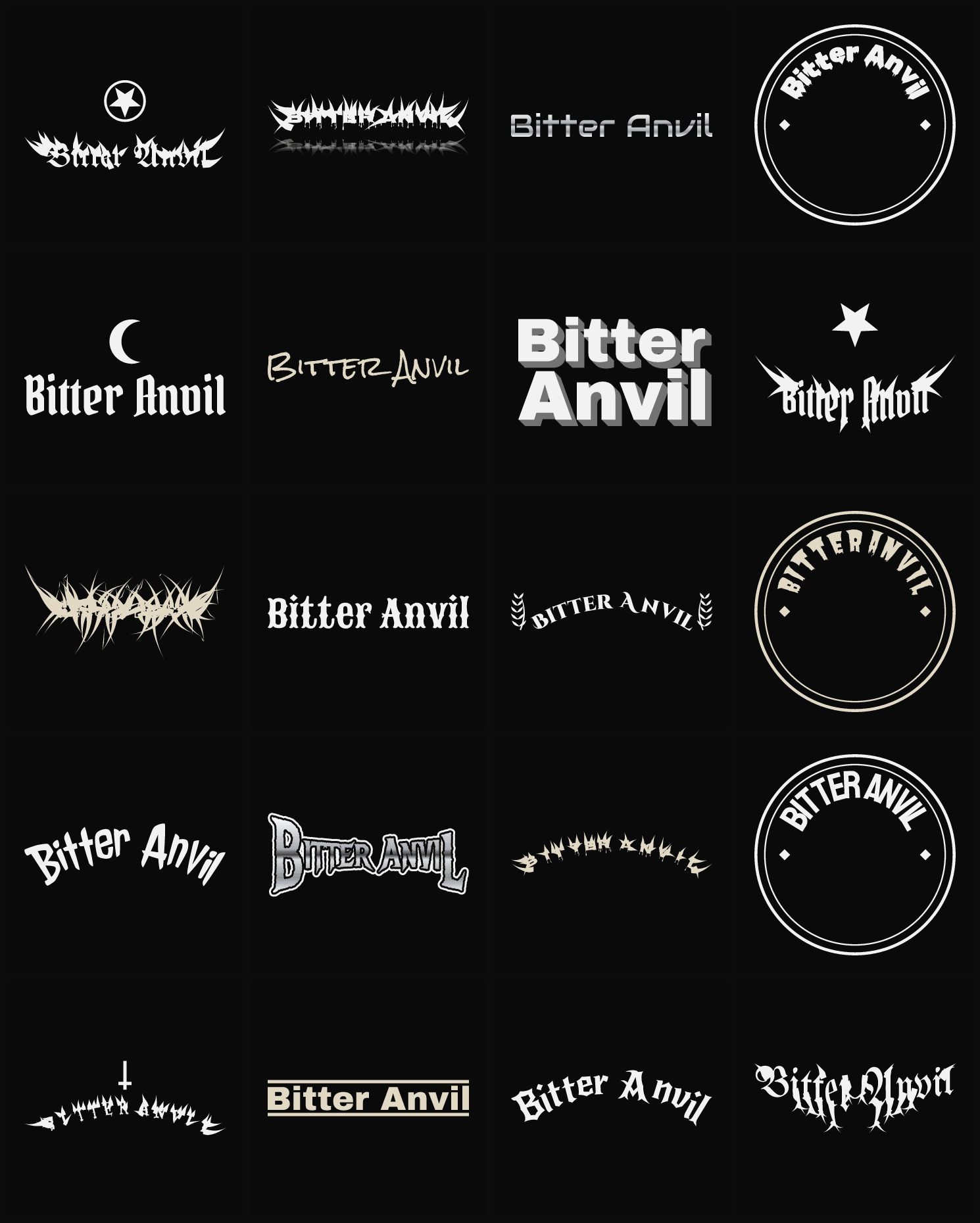 Twenty Bitter Anvil band logo ideas — different faces, treatments and spike settings