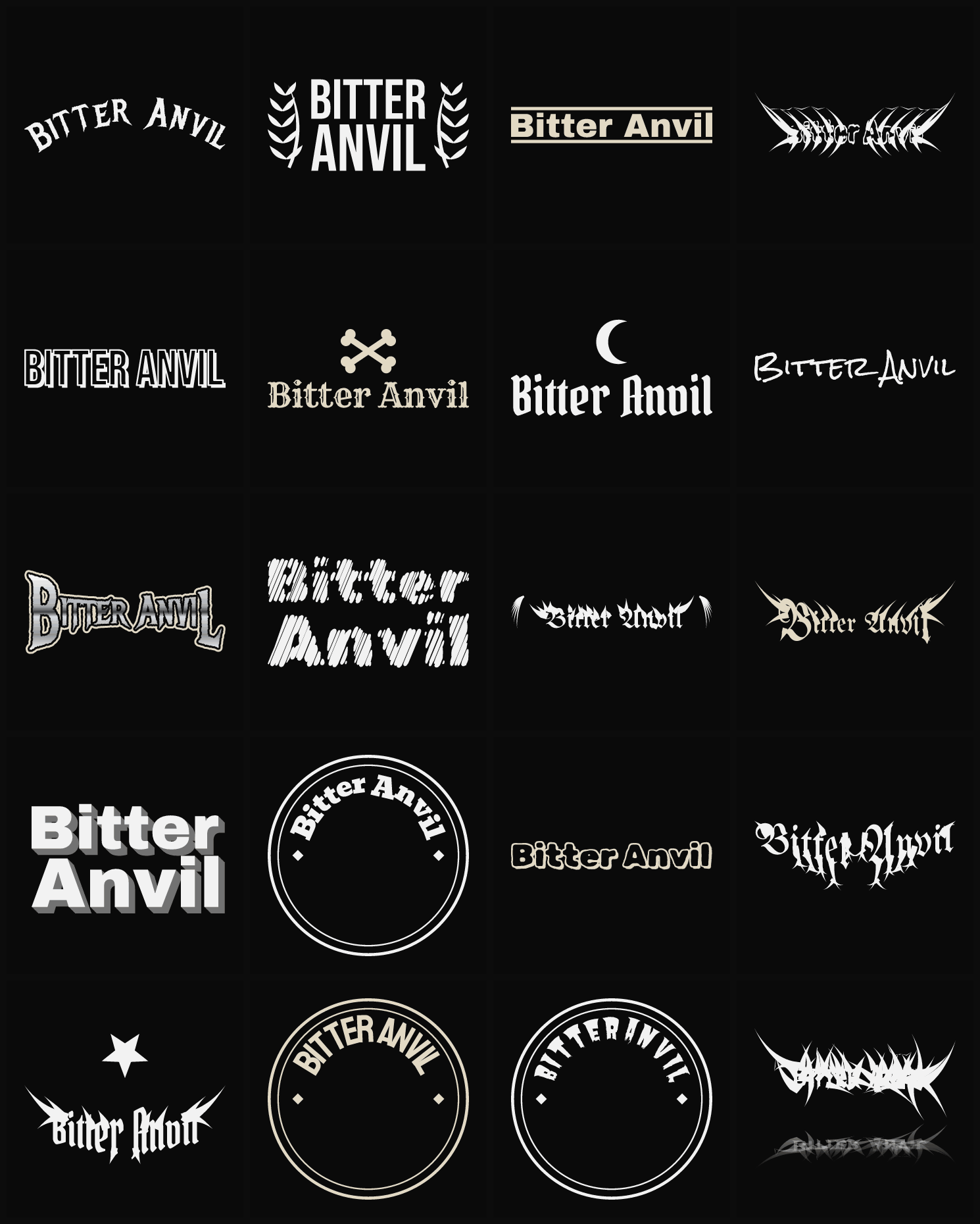 Twenty Bitter Anvil band logo ideas — different faces, treatments and spike settings