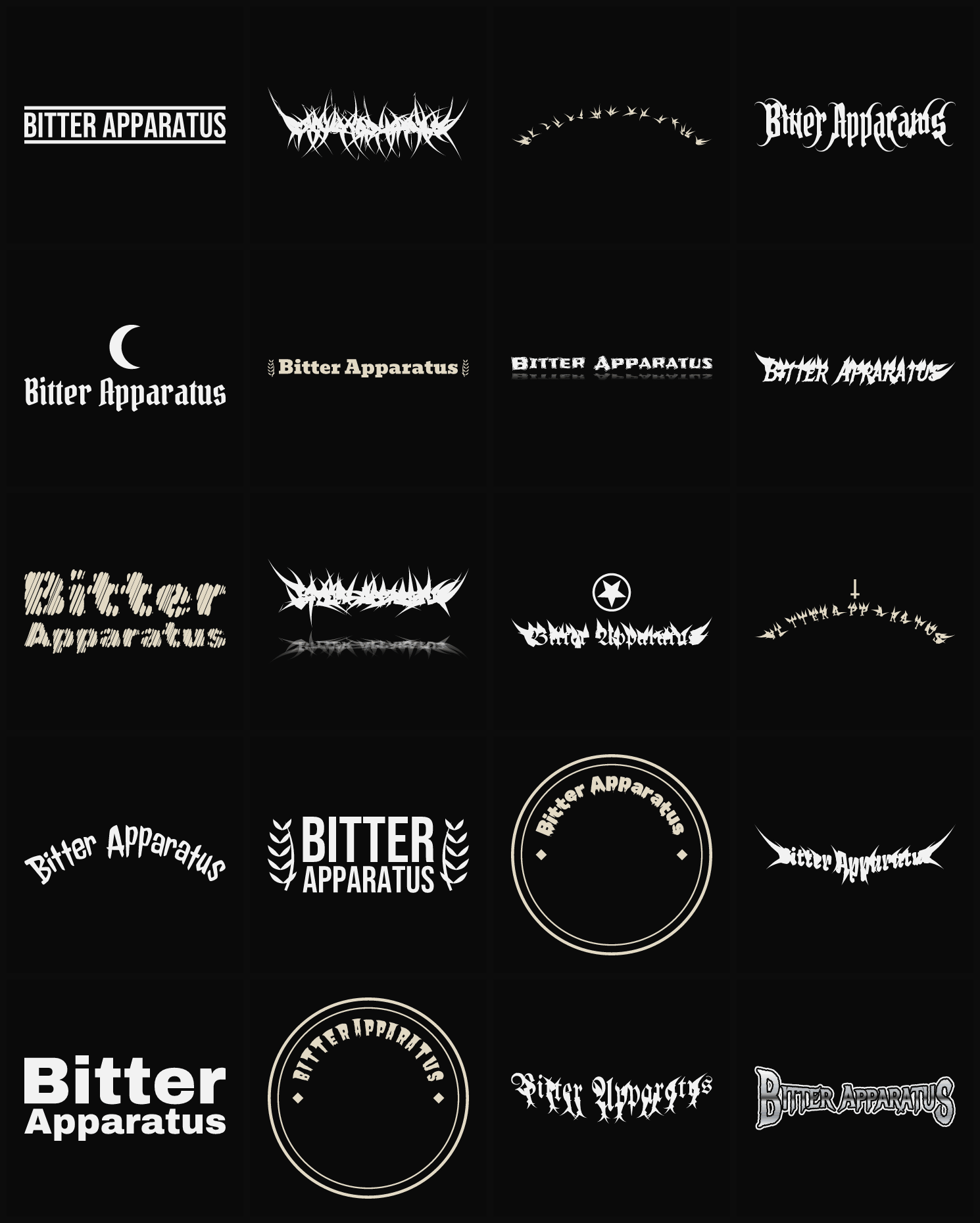 Twenty Bitter Apparatus band logo ideas — different faces, treatments and spike settings
