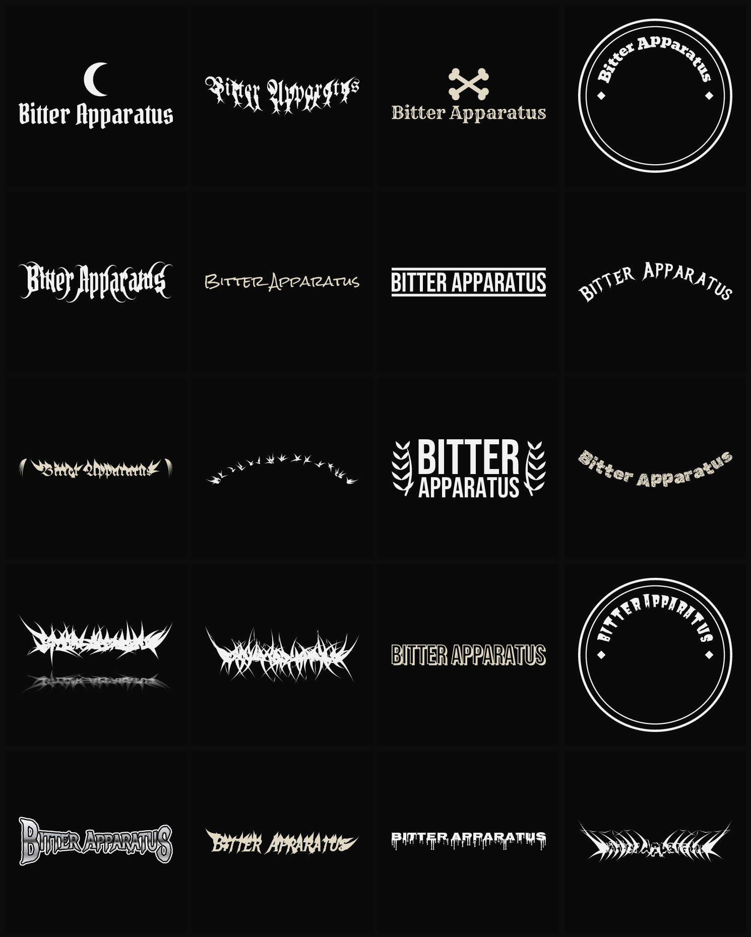 Twenty Bitter Apparatus band logo ideas — different faces, treatments and spike settings
