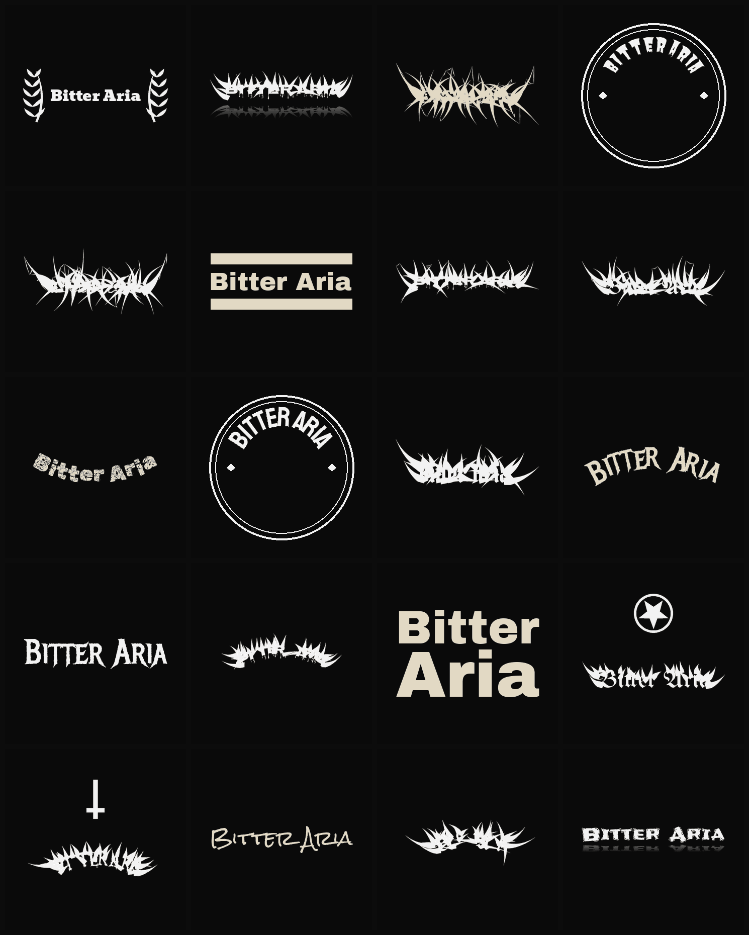 Twenty Bitter Aria band logo ideas — different faces, treatments and spike settings