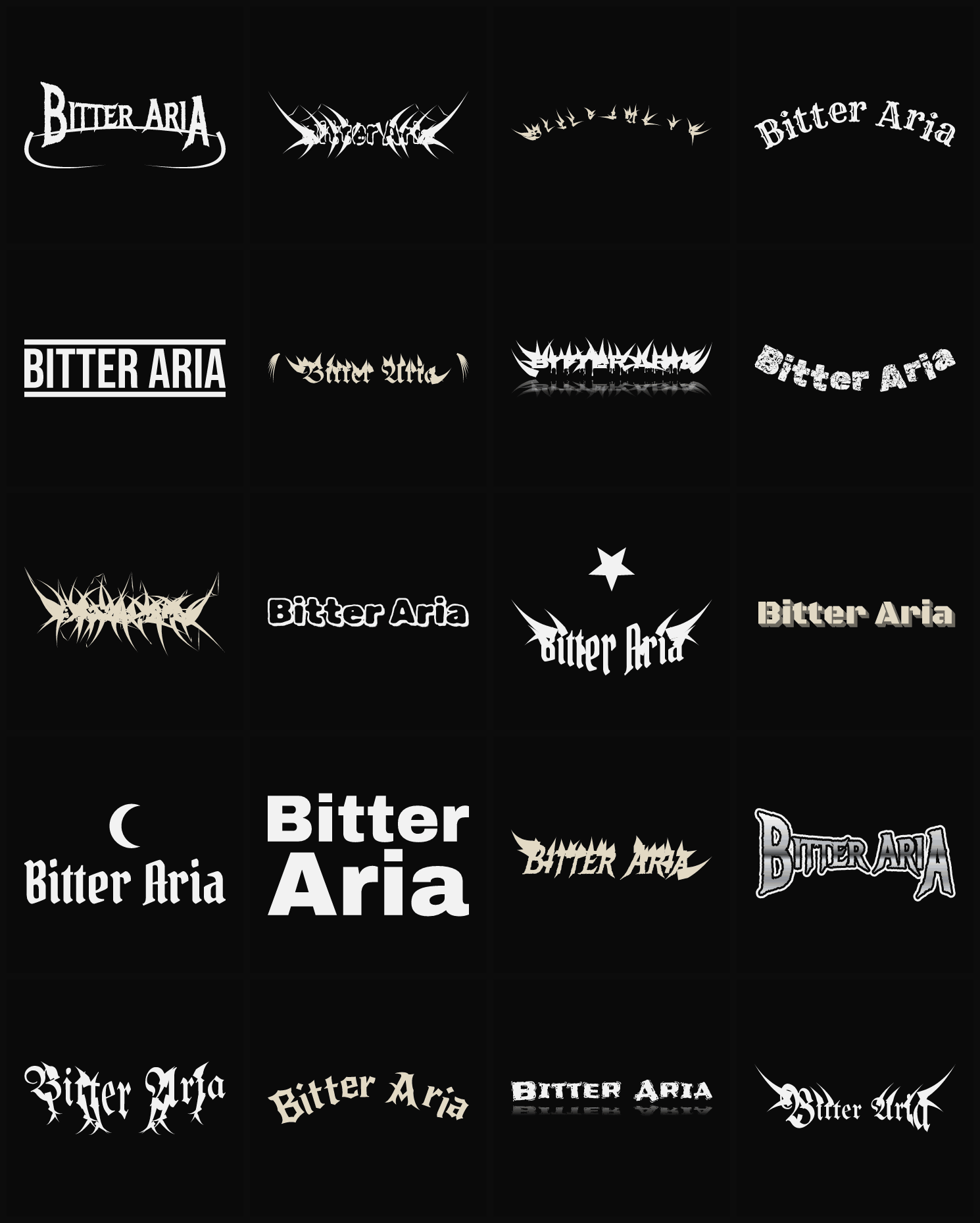 Twenty Bitter Aria band logo ideas — different faces, treatments and spike settings