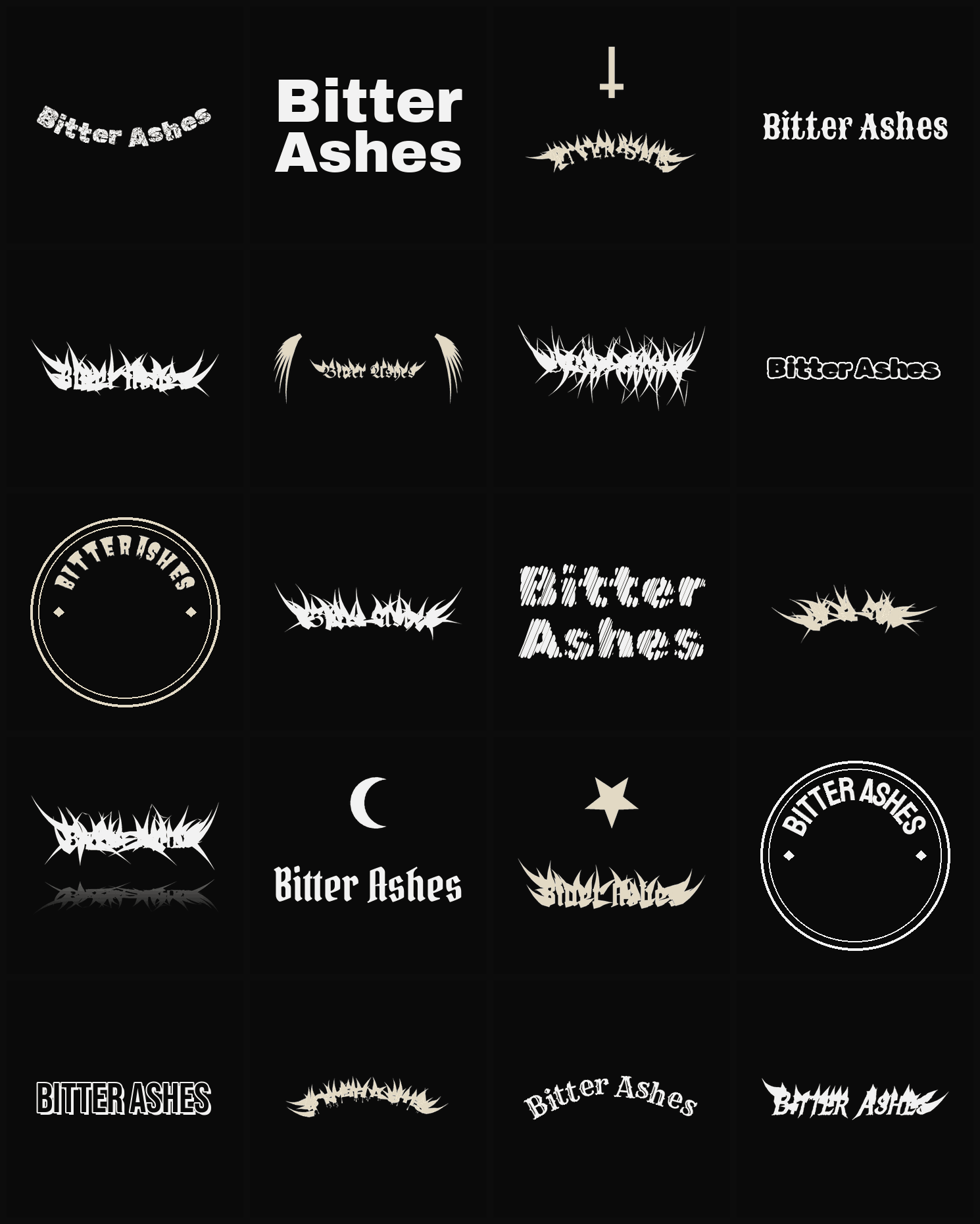 Twenty Bitter Ashes band logo ideas — different faces, treatments and spike settings