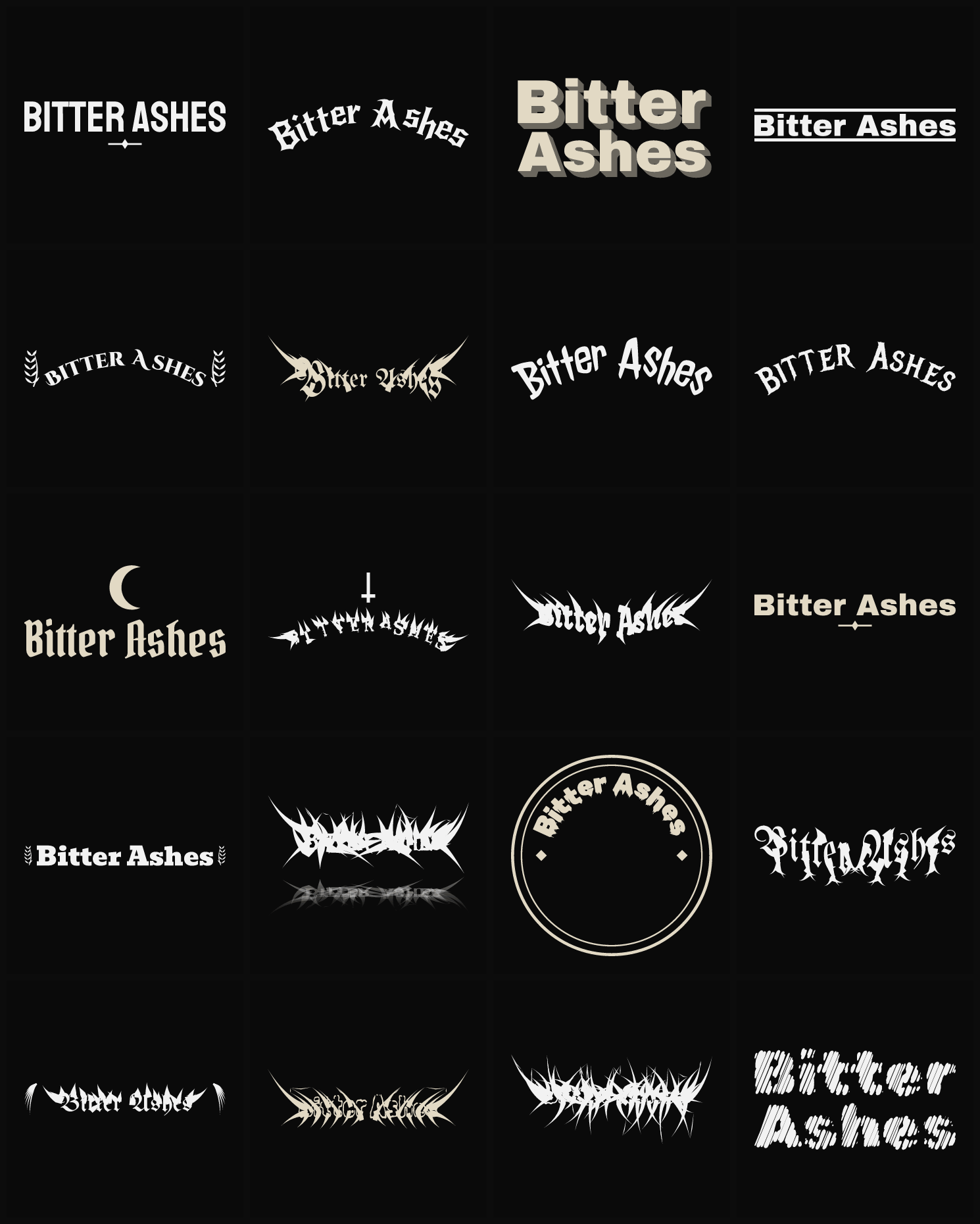 Twenty Bitter Ashes band logo ideas — different faces, treatments and spike settings