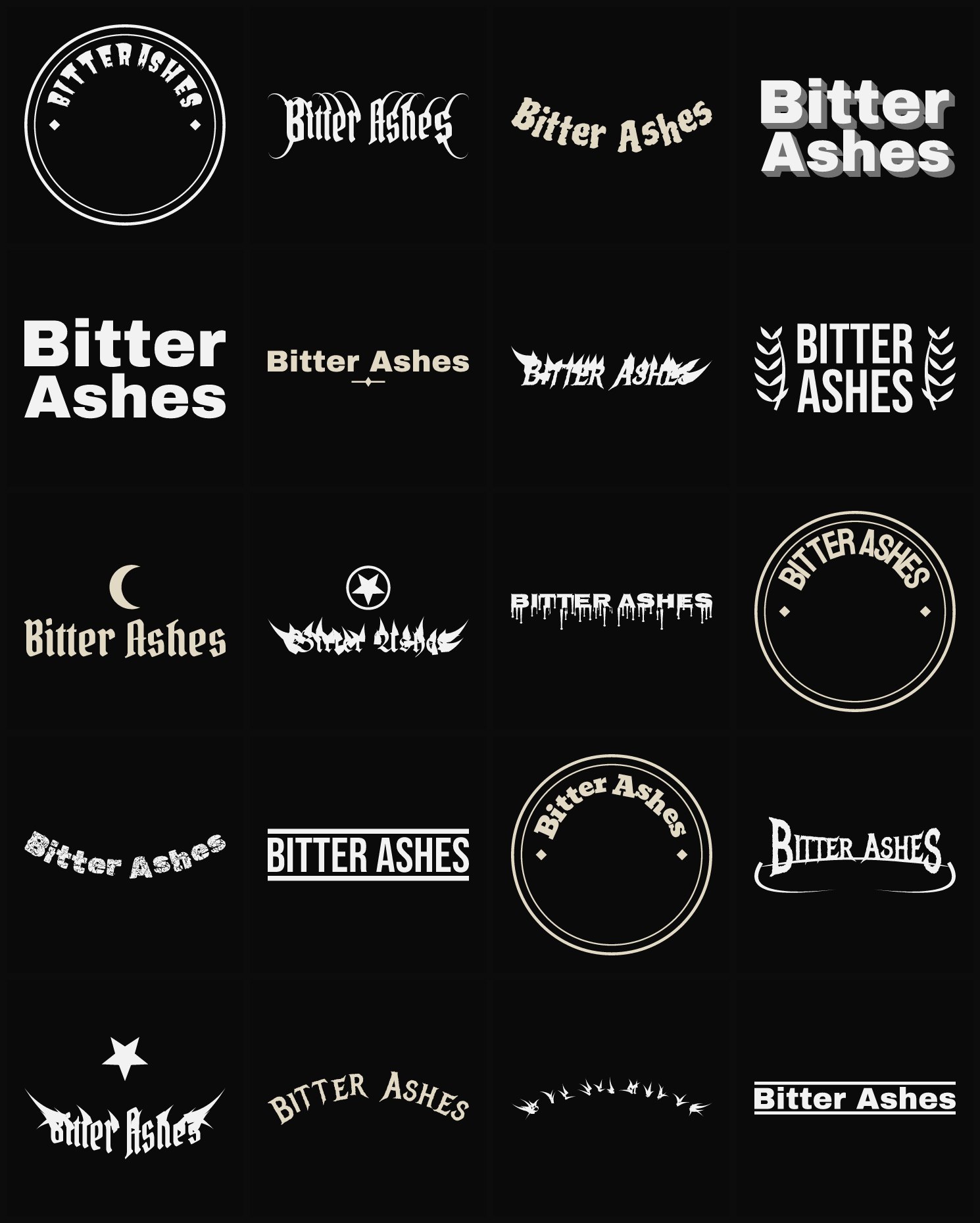 Twenty Bitter Ashes band logo ideas — different faces, treatments and spike settings