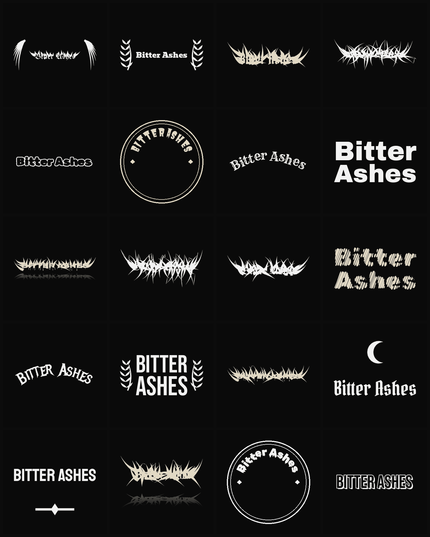 Twenty Bitter Ashes band logo ideas — different faces, treatments and spike settings