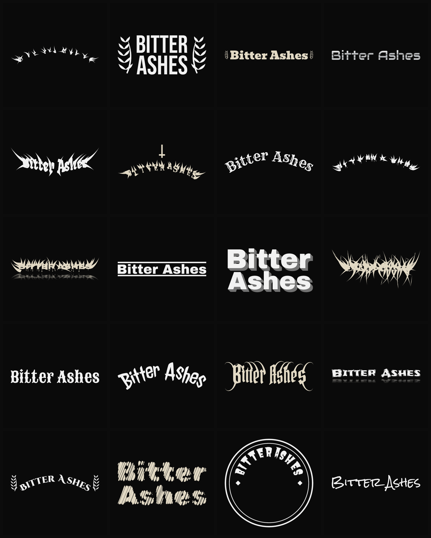 Twenty Bitter Ashes band logo ideas — different faces, treatments and spike settings