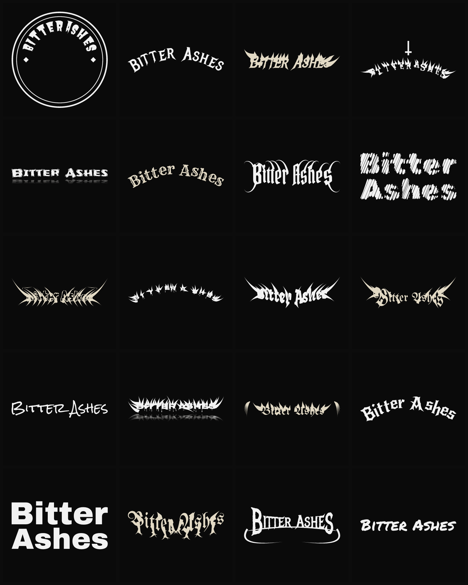 Twenty Bitter Ashes band logo ideas — different faces, treatments and spike settings