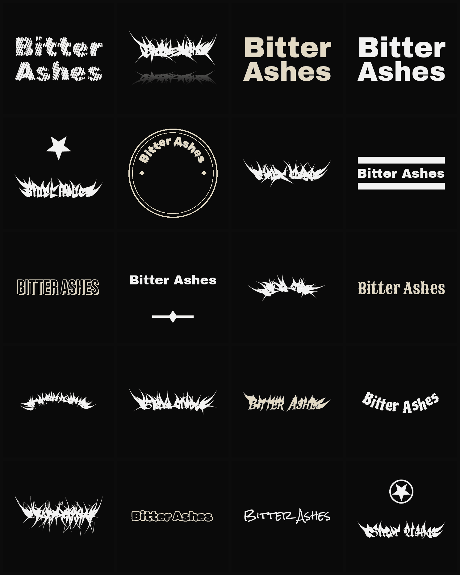 Twenty Bitter Ashes band logo ideas — different faces, treatments and spike settings