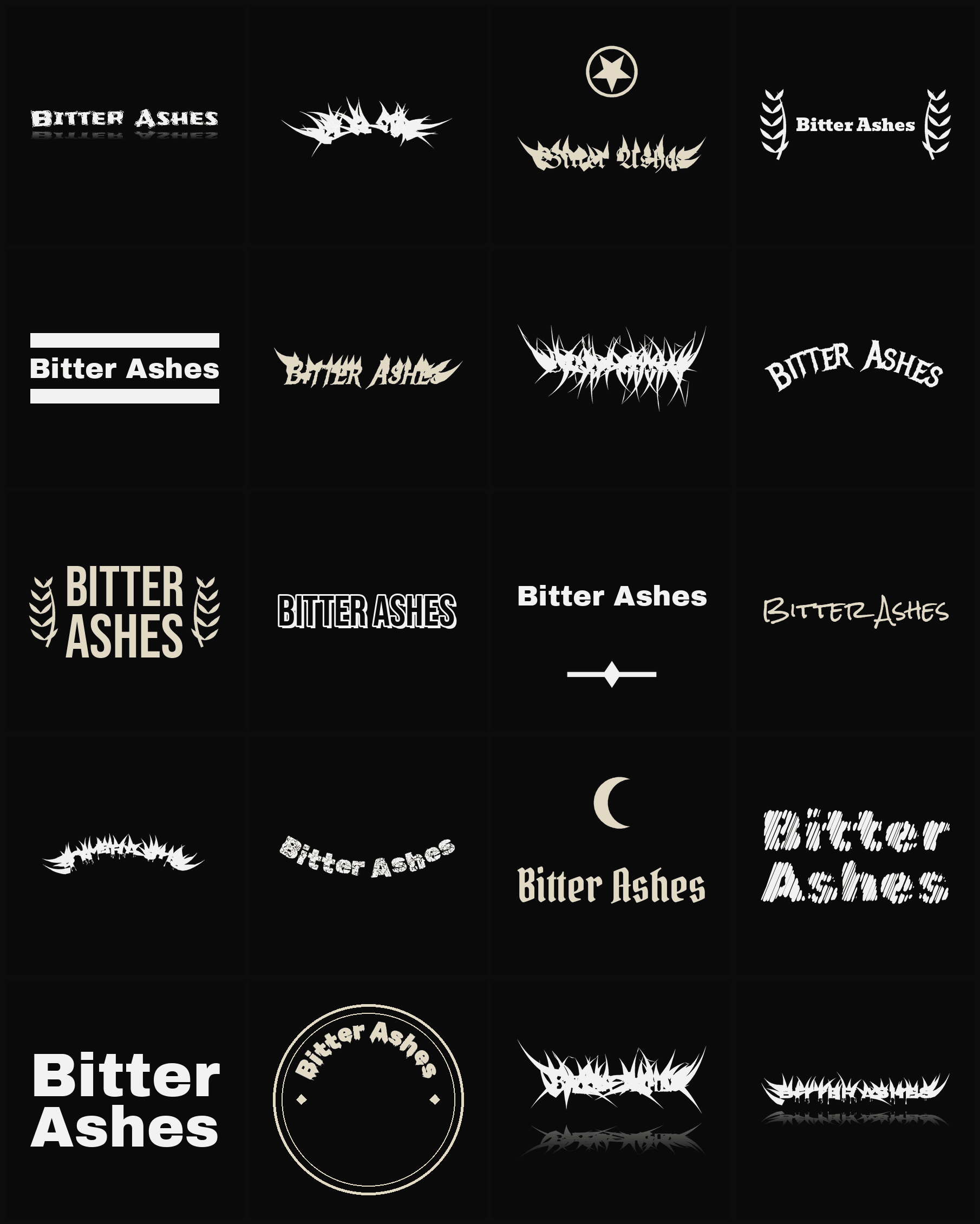 Twenty Bitter Ashes band logo ideas — different faces, treatments and spike settings
