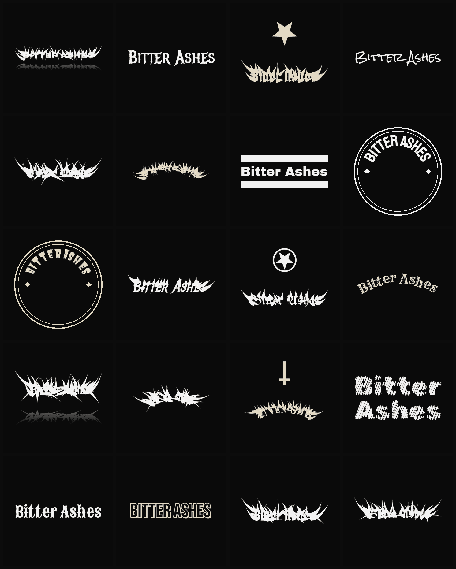 Twenty Bitter Ashes band logo ideas — different faces, treatments and spike settings