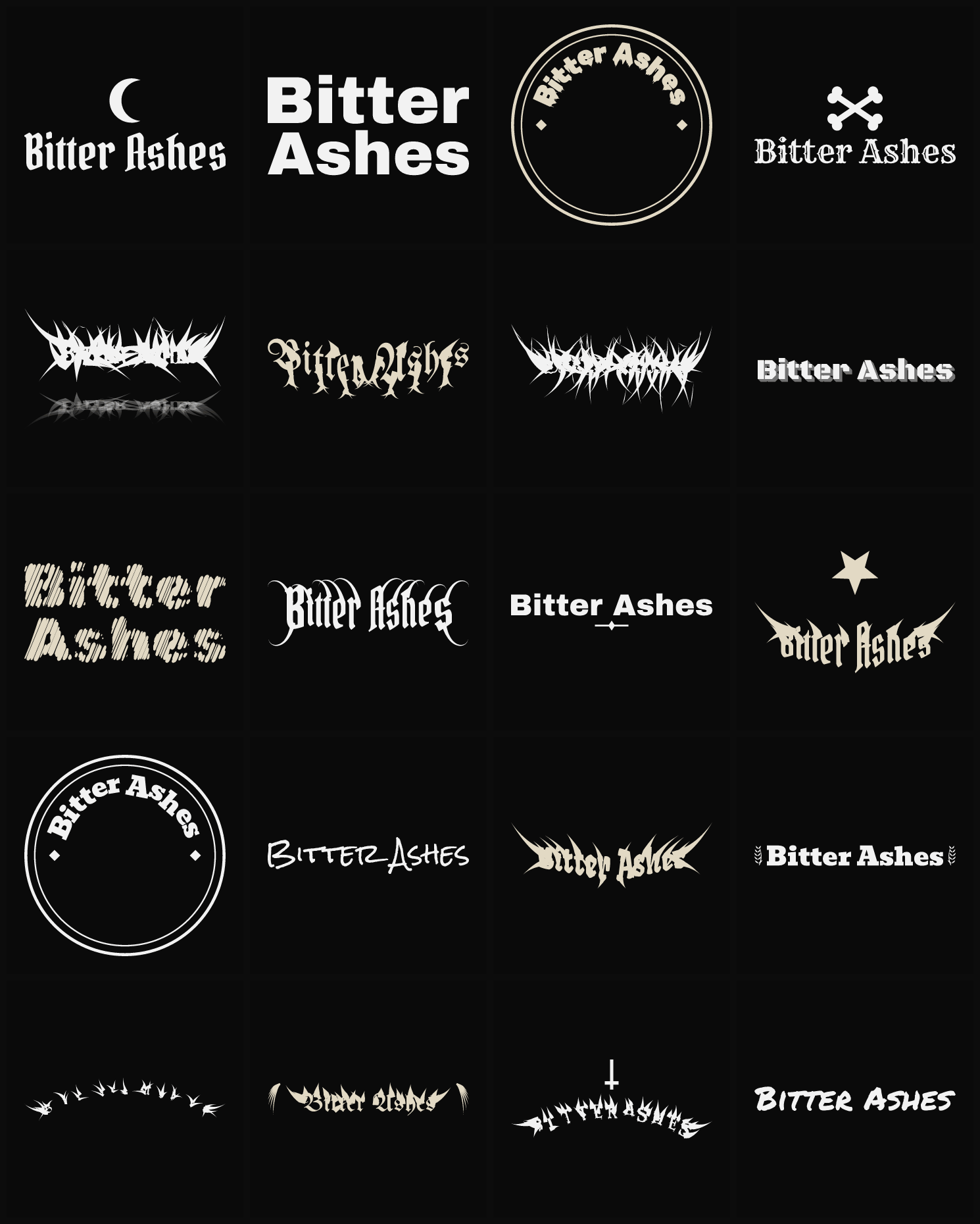 Twenty Bitter Ashes band logo ideas — different faces, treatments and spike settings