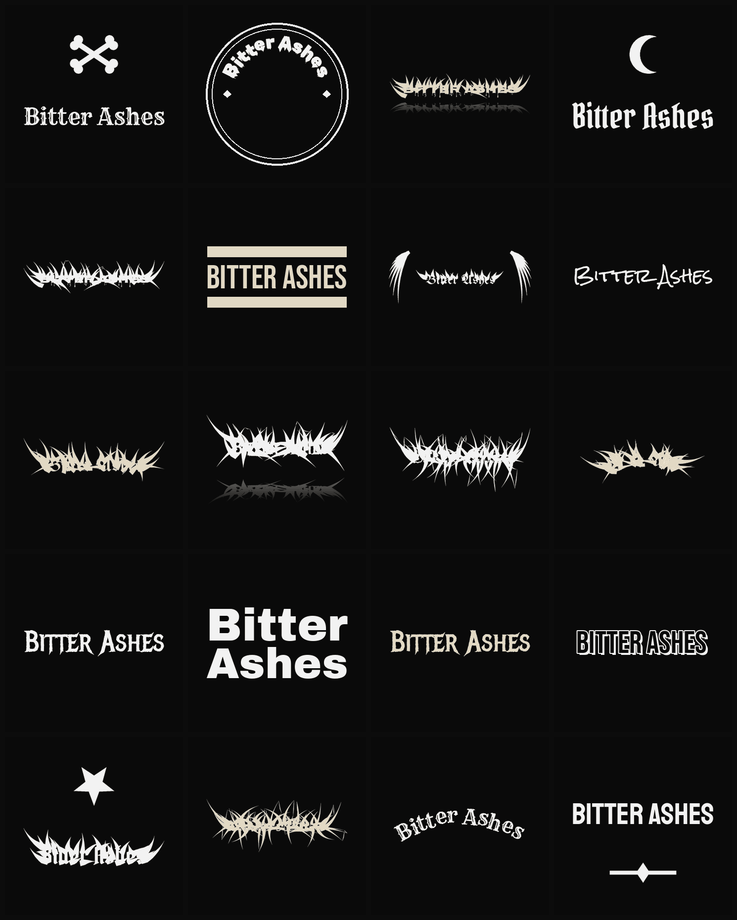 Twenty Bitter Ashes band logo ideas — different faces, treatments and spike settings