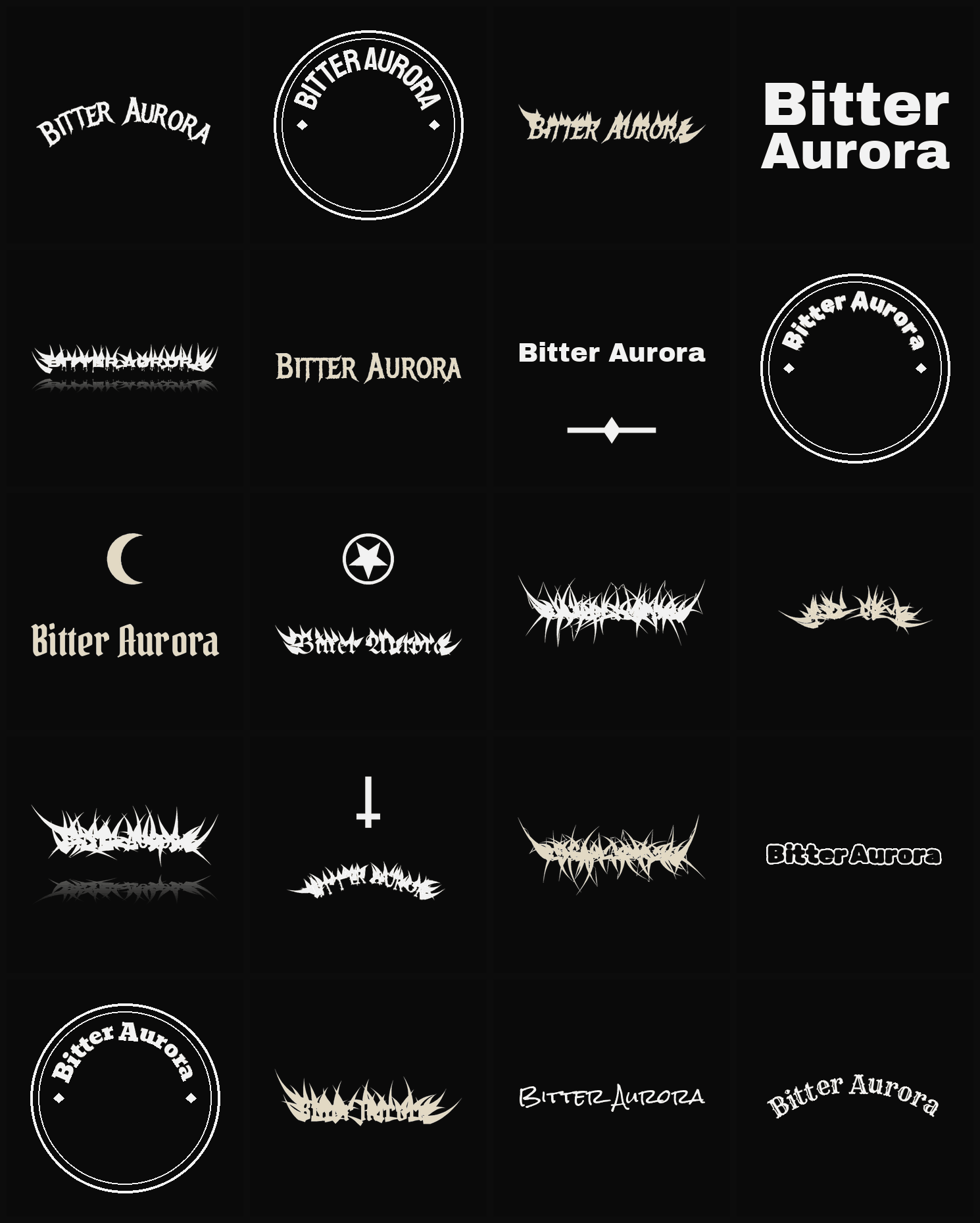 Twenty Bitter Aurora band logo ideas — different faces, treatments and spike settings