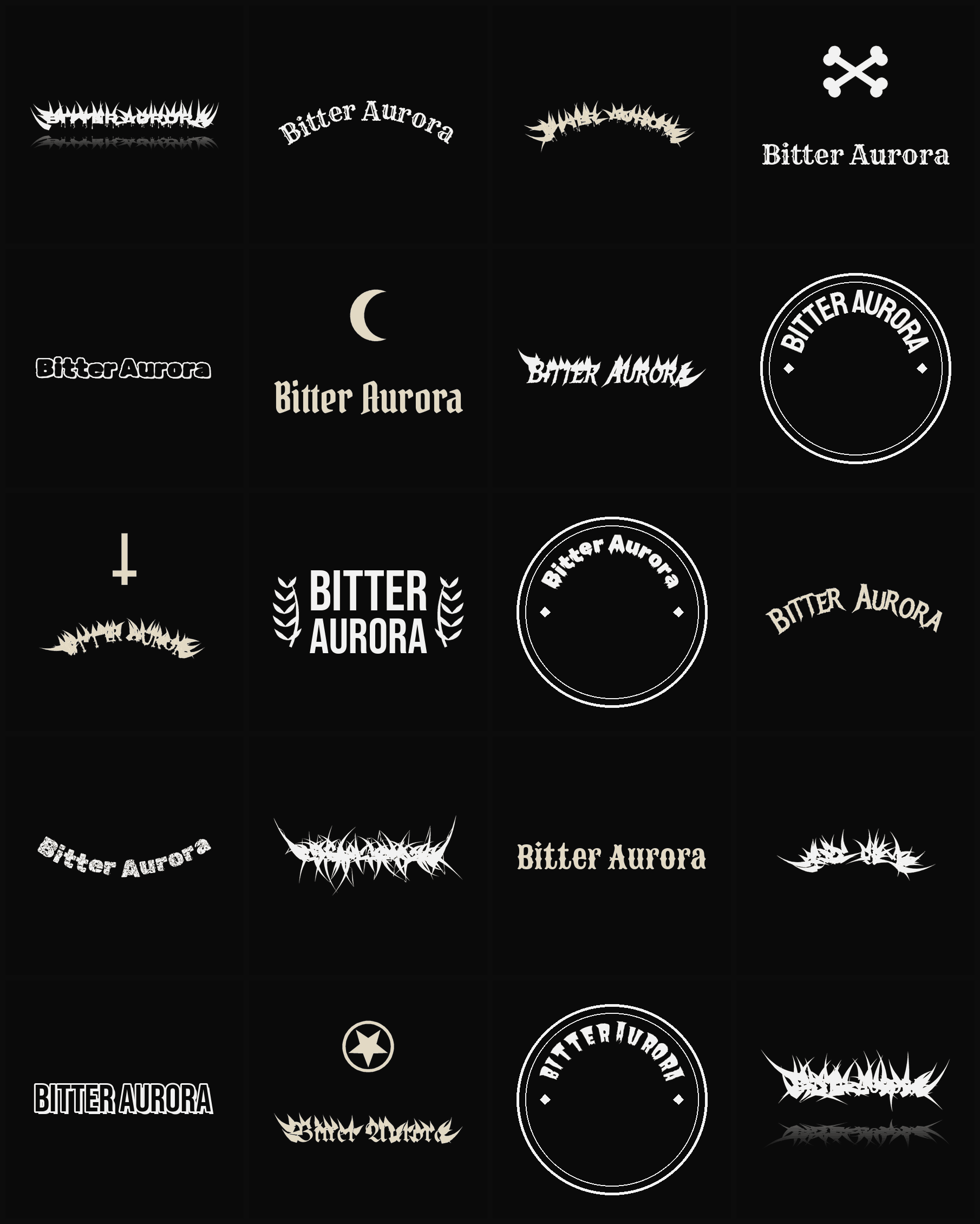 Twenty Bitter Aurora band logo ideas — different faces, treatments and spike settings