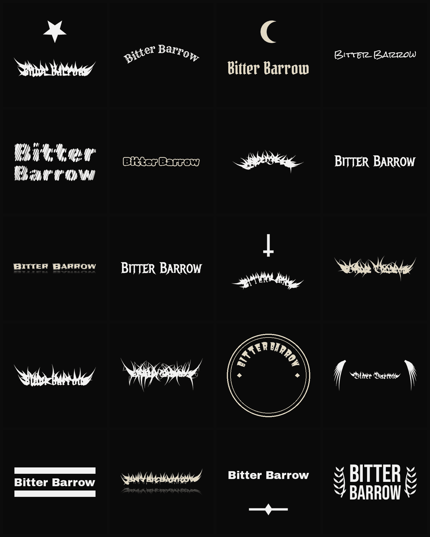 Twenty Bitter Barrow band logo ideas — different faces, treatments and spike settings