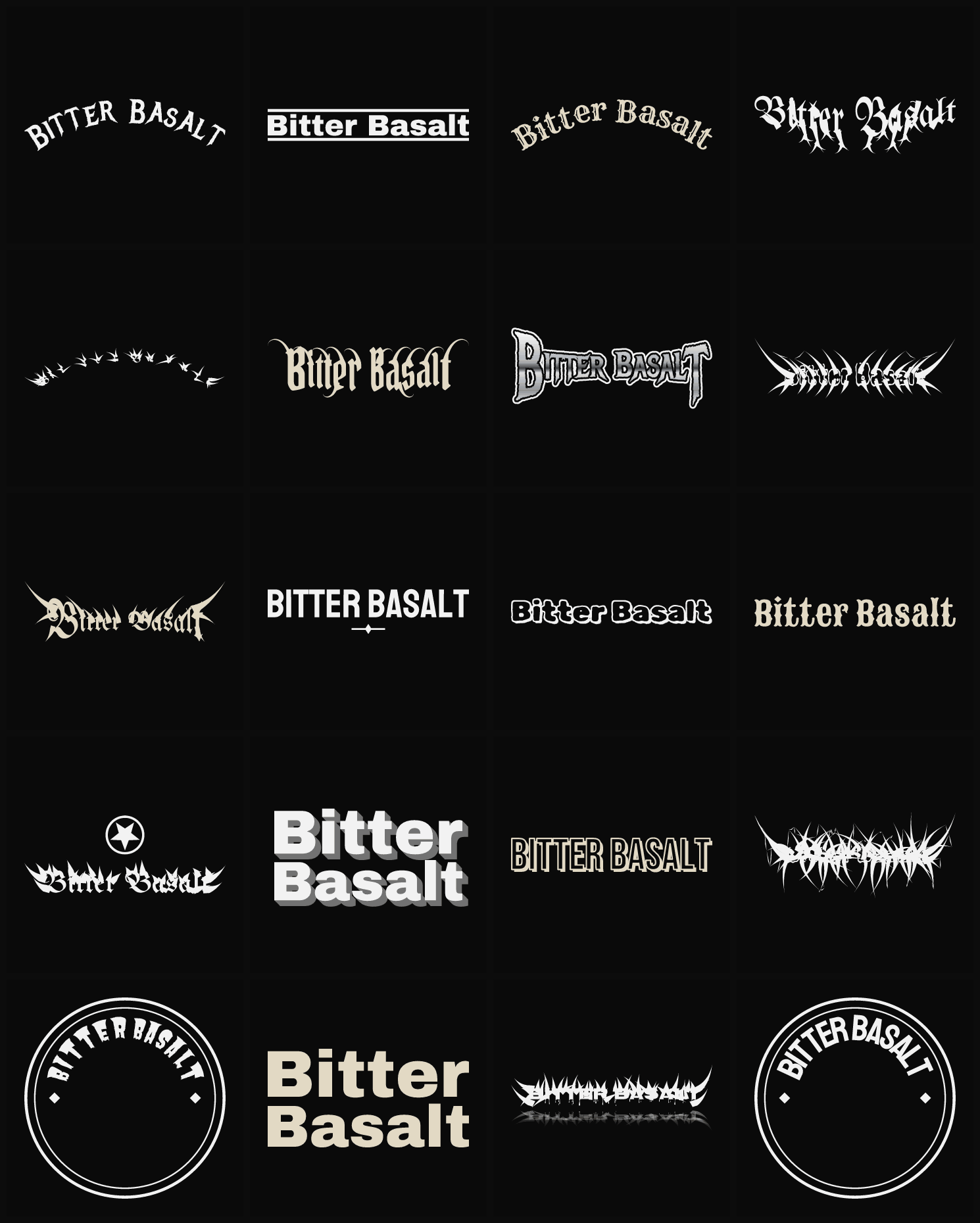 Twenty Bitter Basalt band logo ideas — different faces, treatments and spike settings