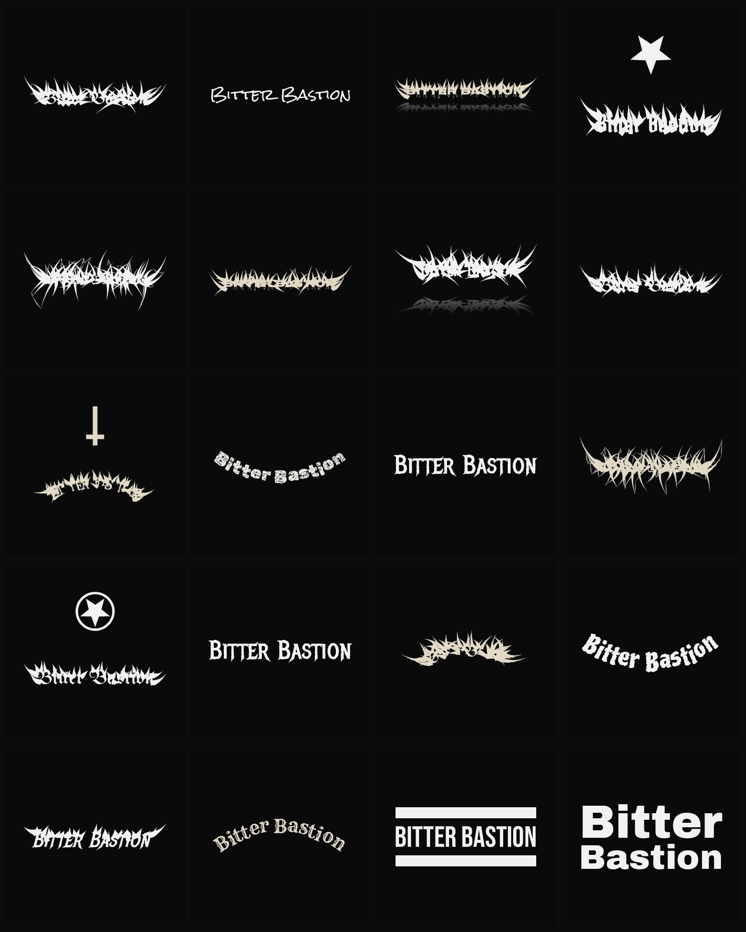 Twenty Bitter Bastion band logo ideas — different faces, treatments and spike settings