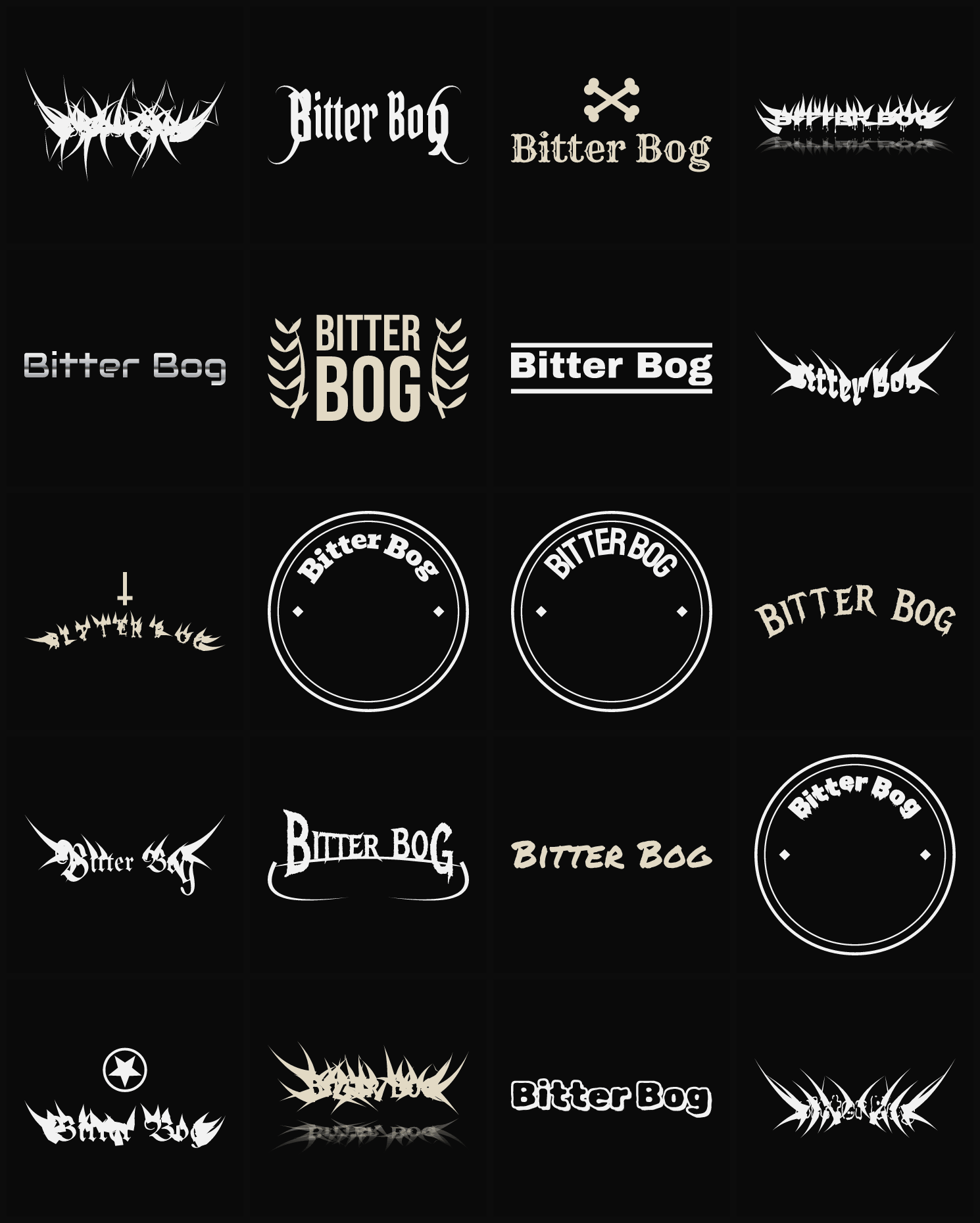 Twenty Bitter Bog band logo ideas — different faces, treatments and spike settings
