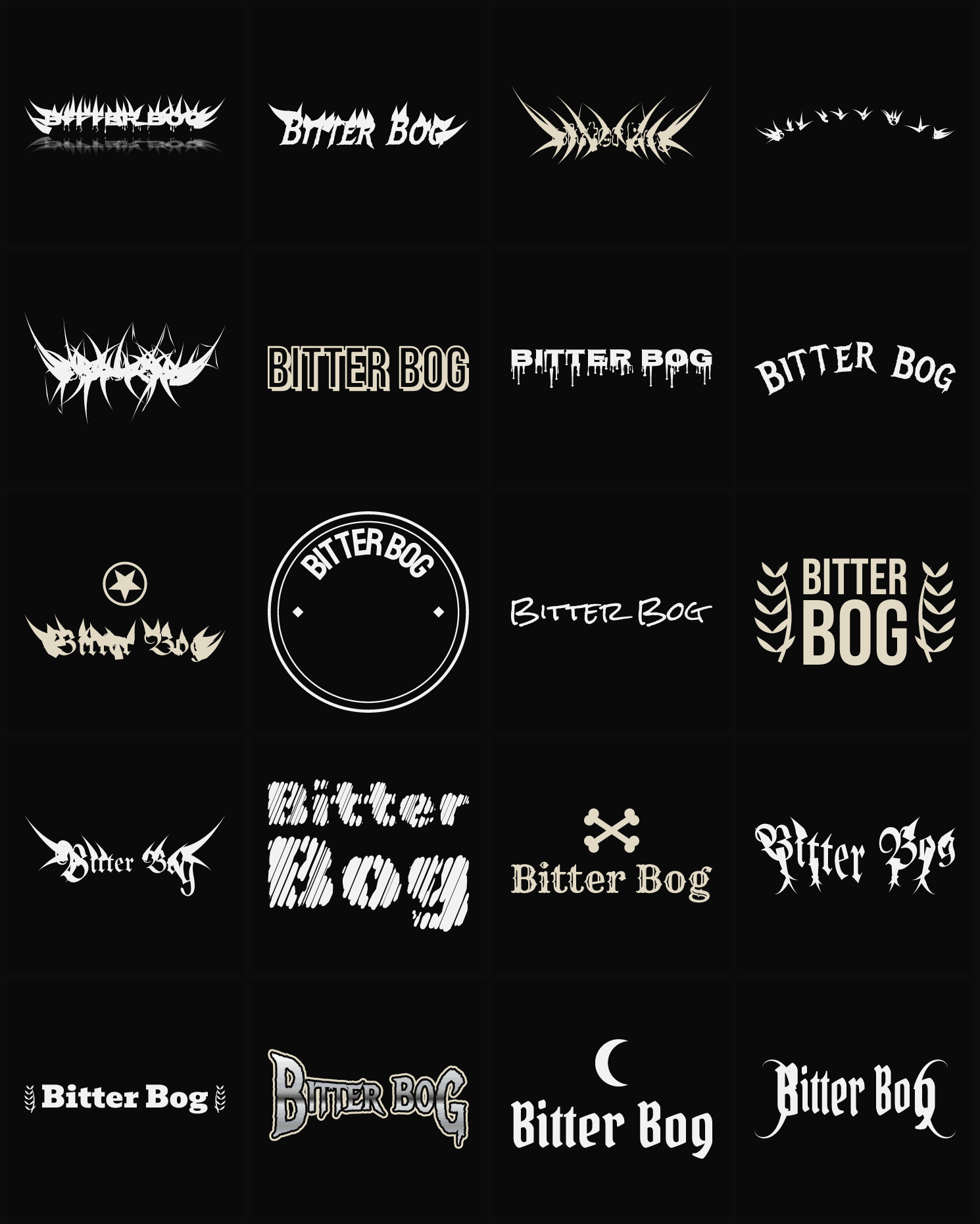 Twenty Bitter Bog band logo ideas — different faces, treatments and spike settings
