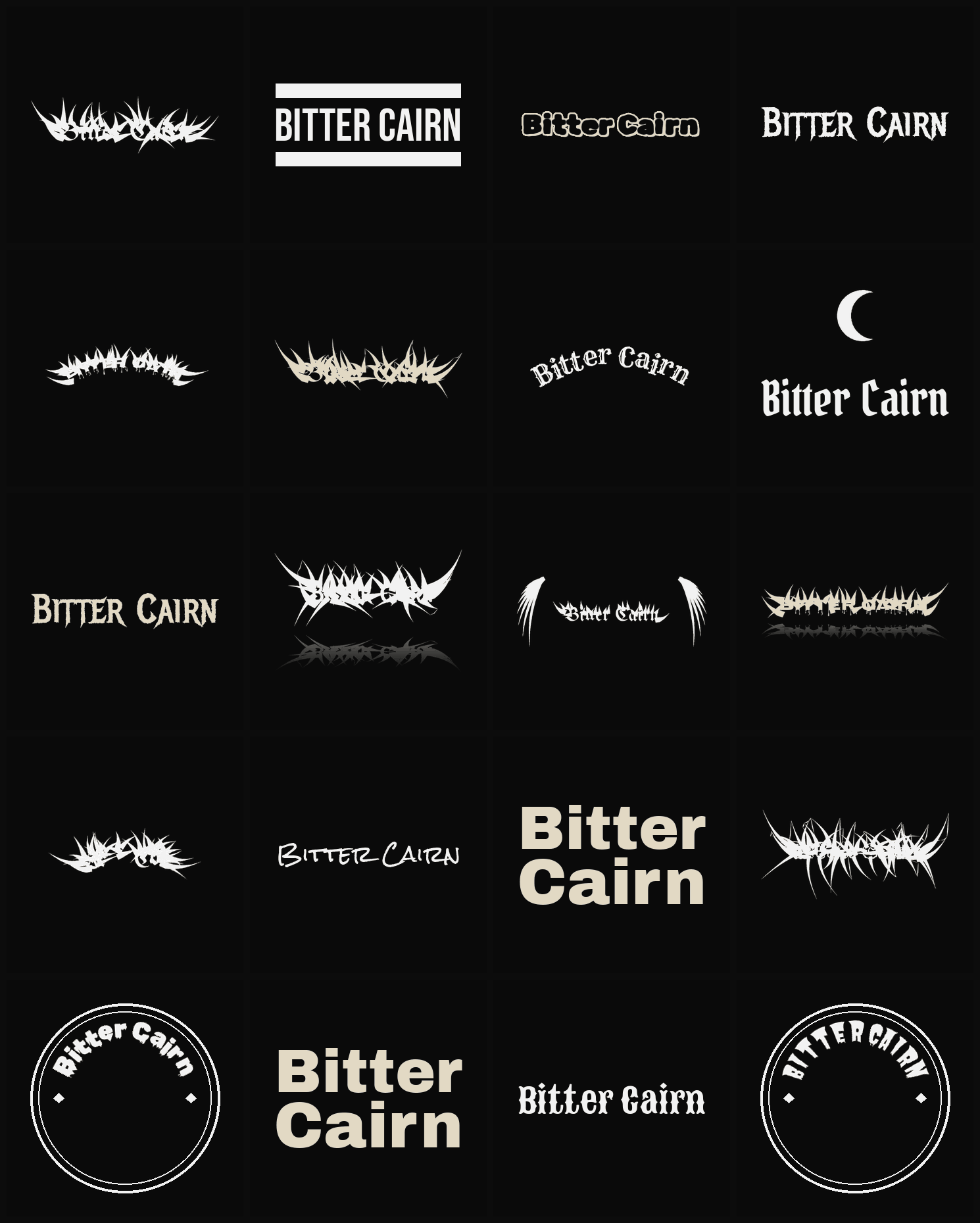 Twenty Bitter Cairn band logo ideas — different faces, treatments and spike settings