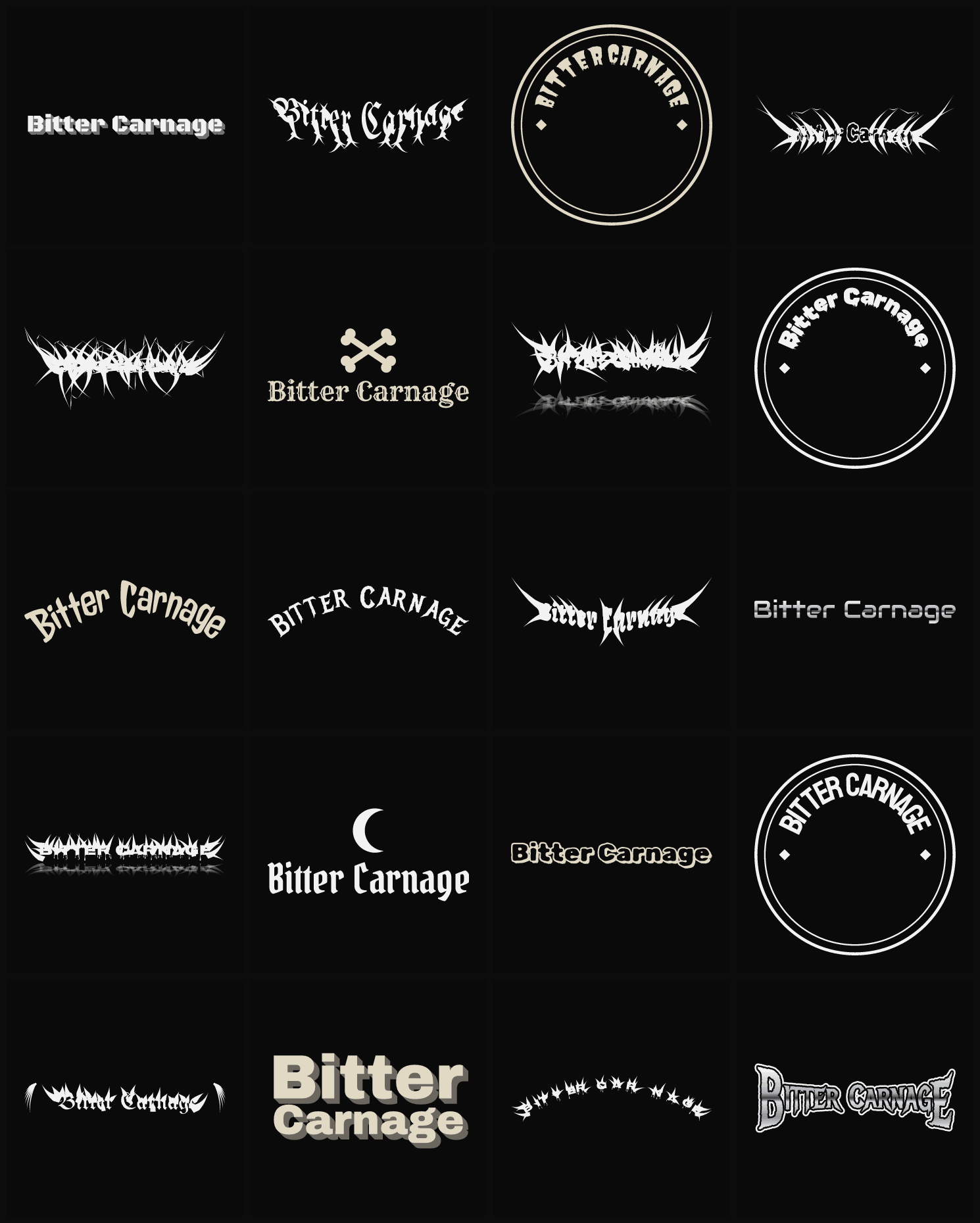 Twenty Bitter Carnage band logo ideas — different faces, treatments and spike settings