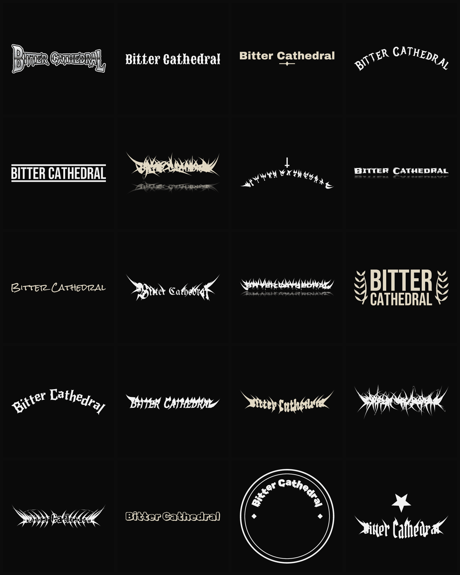 Twenty Bitter Cathedral band logo ideas — different faces, treatments and spike settings